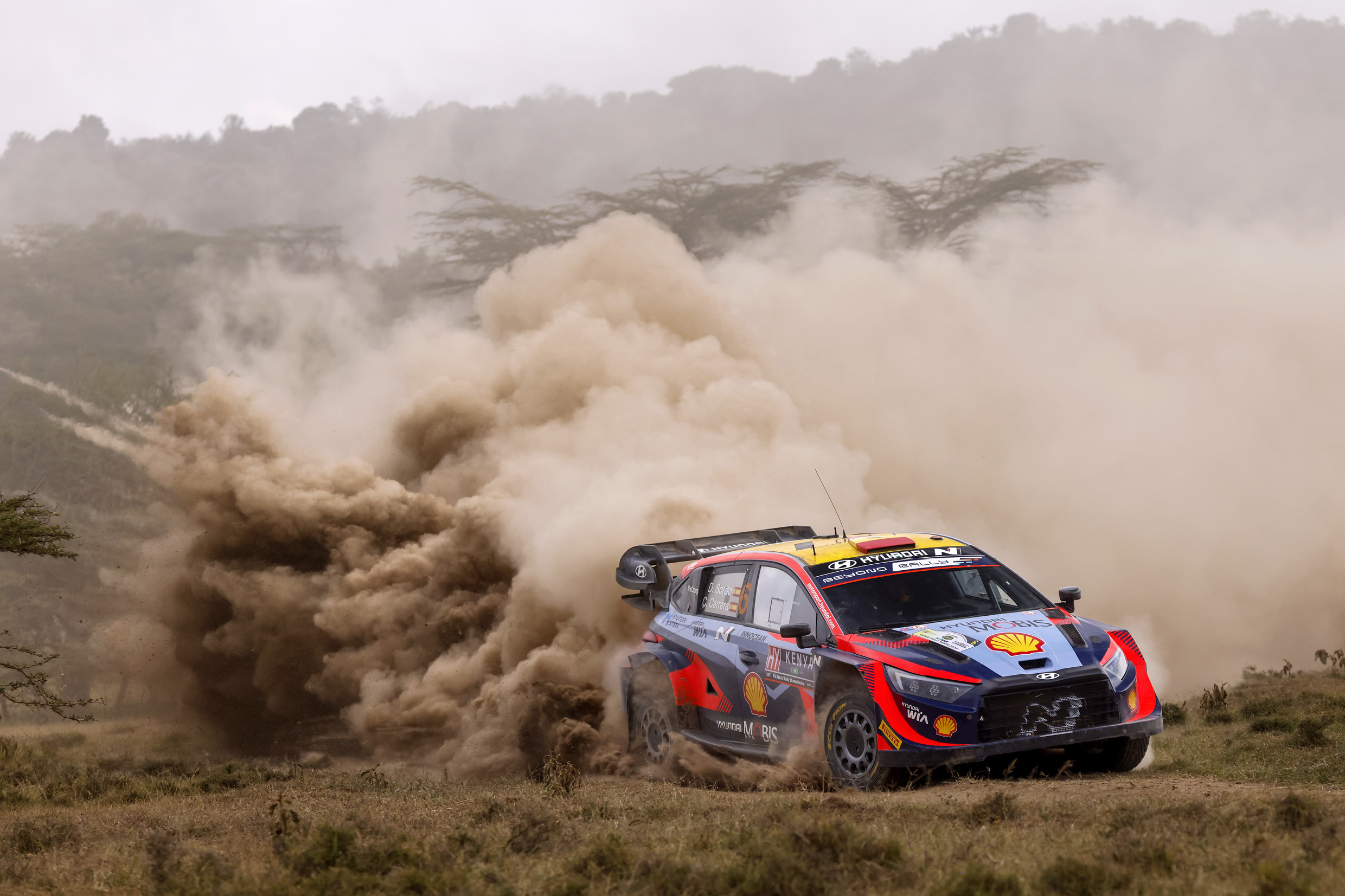 Hyundai i20 N Rally 1 Hybrid driving at the 2023 Kenya Safari Rally