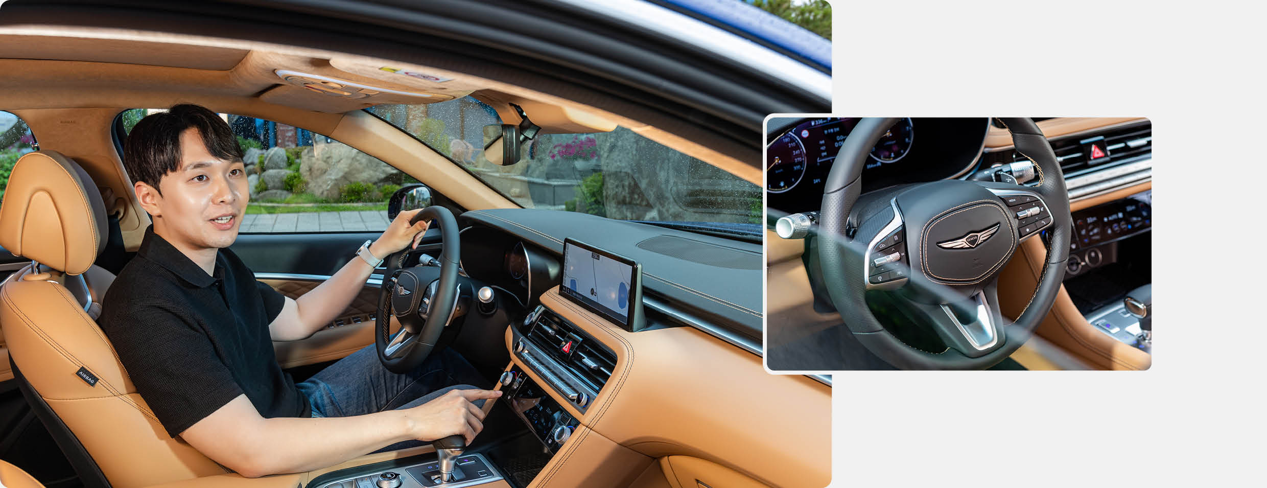 실내에 앉아 G70에 대해 설명하는 연구원과 스티어링휠