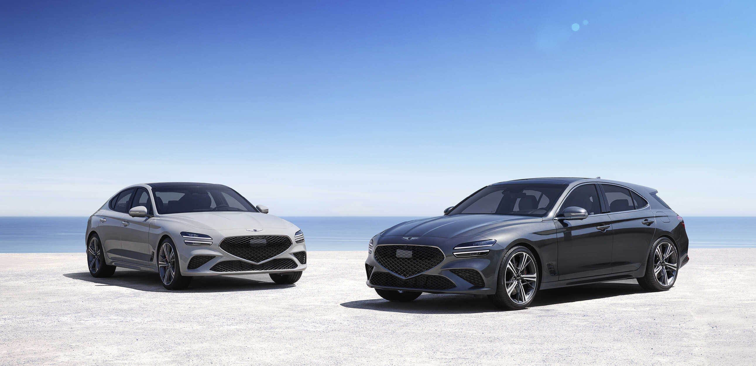 The Genesis G70 and G70 Shooting Brake stand on the beach
