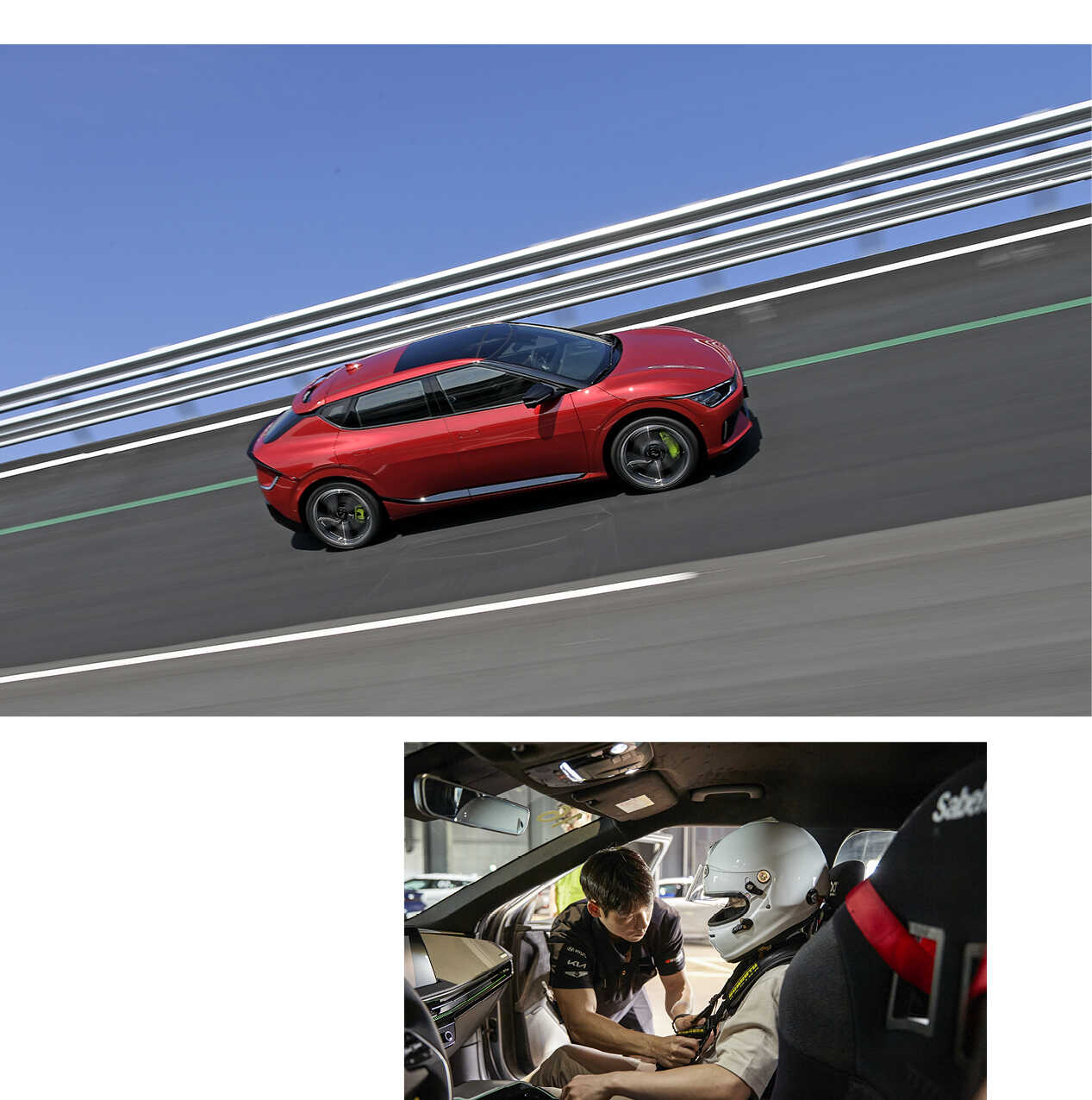 Front/side view of an EV6 running on a high-speed circuit and a man fastening a seatbelt in an EV6 GT