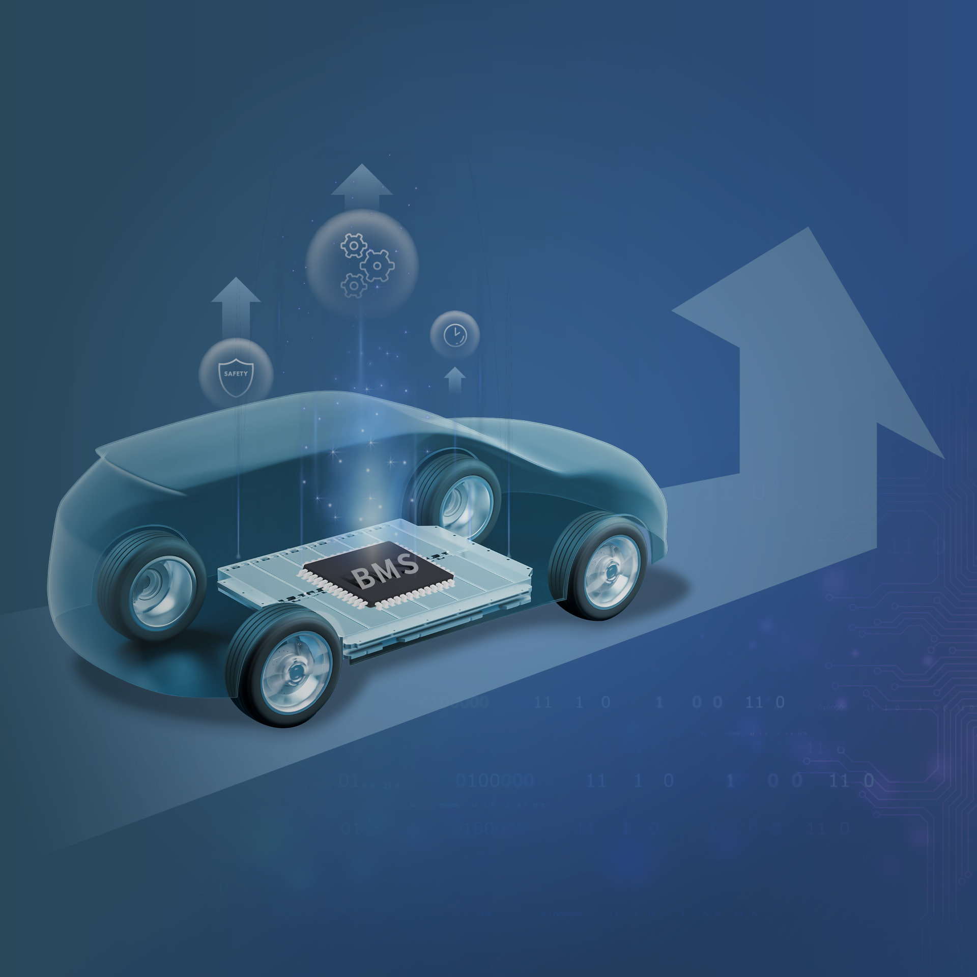 BMS의 정교한 제어로 전기차의 성능을 높이는 것을 표현한 키 비주얼