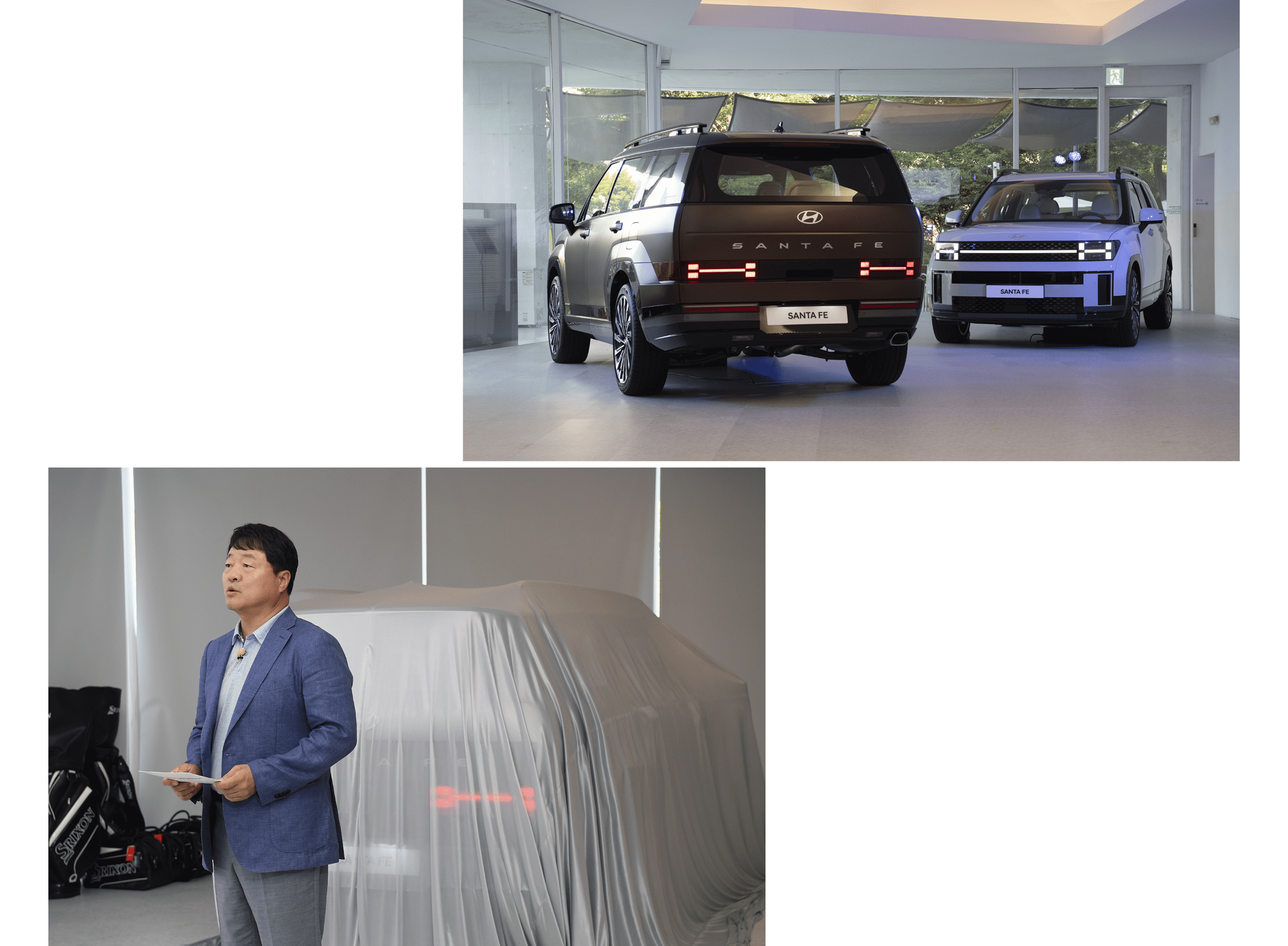 갈색과 흰색의 두 대의 신형 싼타페와 유원하 부사장의 모습