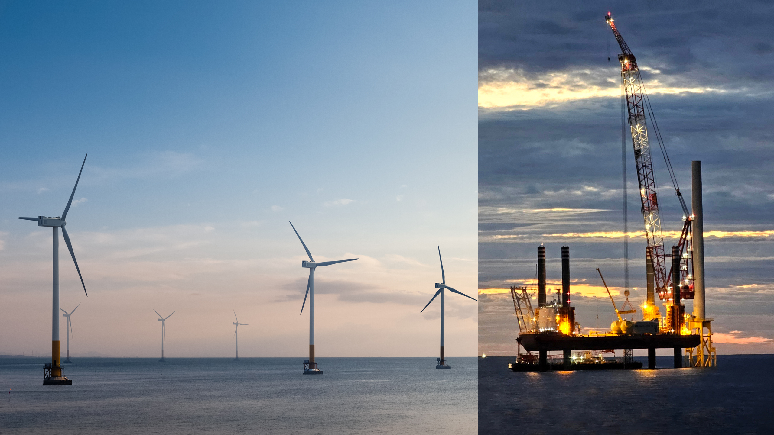 해상풍력 발전단지의 모습과 현대건설의 해상풍력 경쟁력을 더해줄 해상풍력 전용 설치선 현대프론티어호