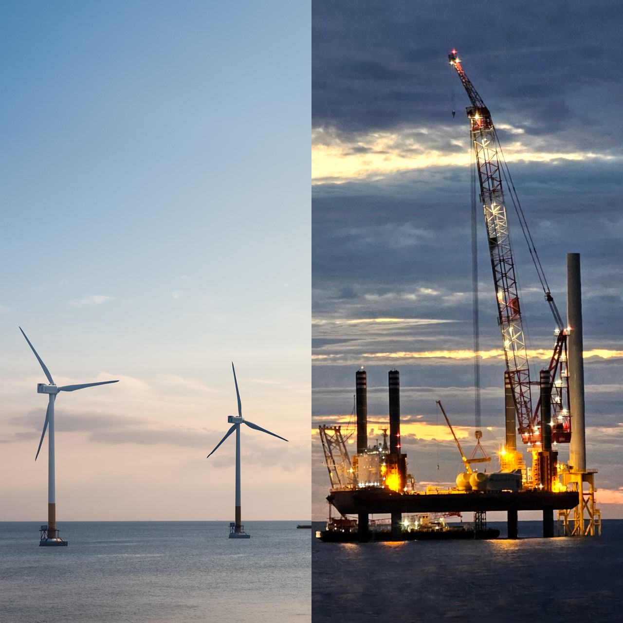 해상풍력 발전단지의 모습과 현대건설의 해상풍력 경쟁력을 더해줄 해상풍력 전용 설치선 현대프론티어호