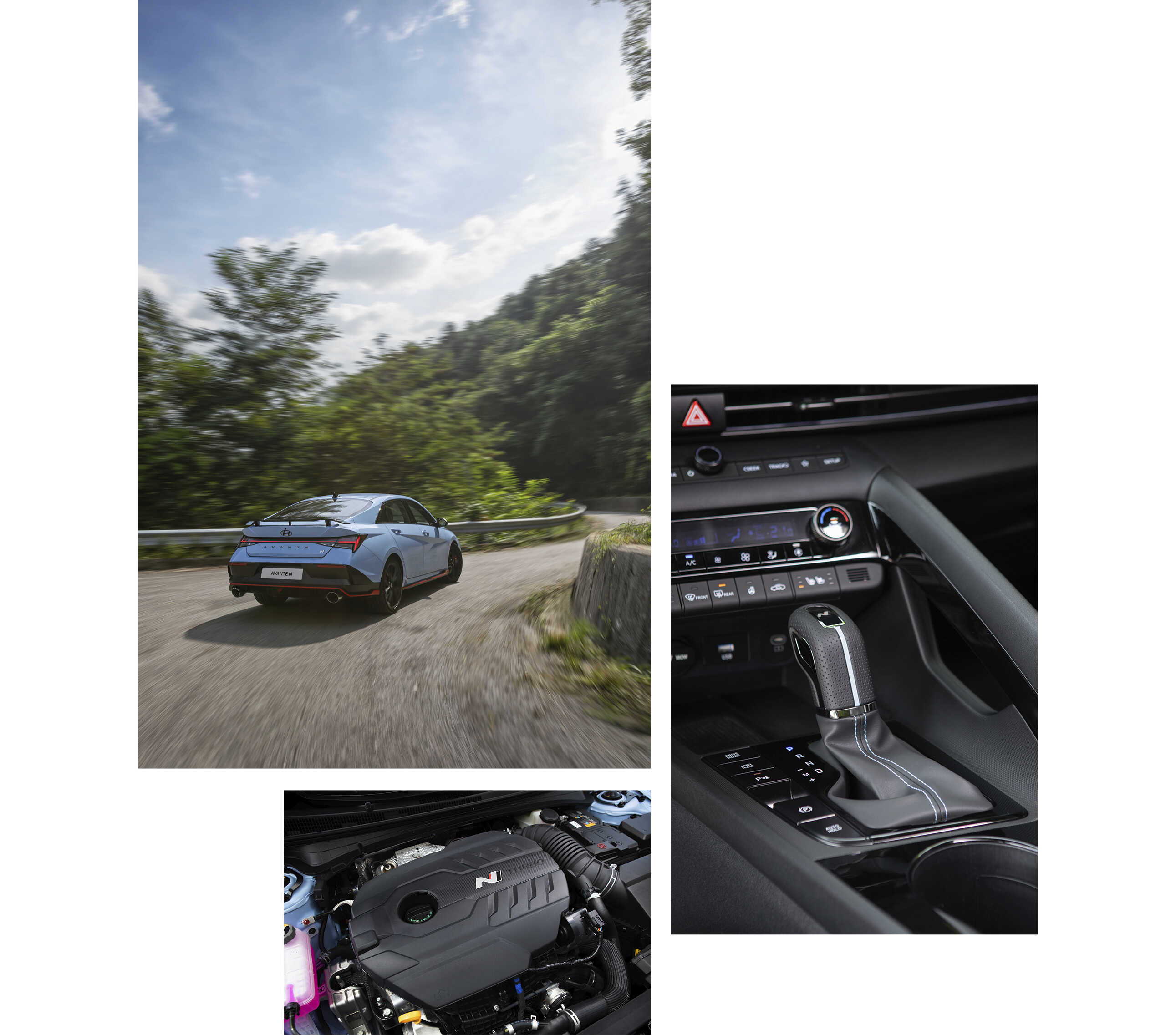 아반떼 N의 엔진과 변속기 노브 클로즈업 샷