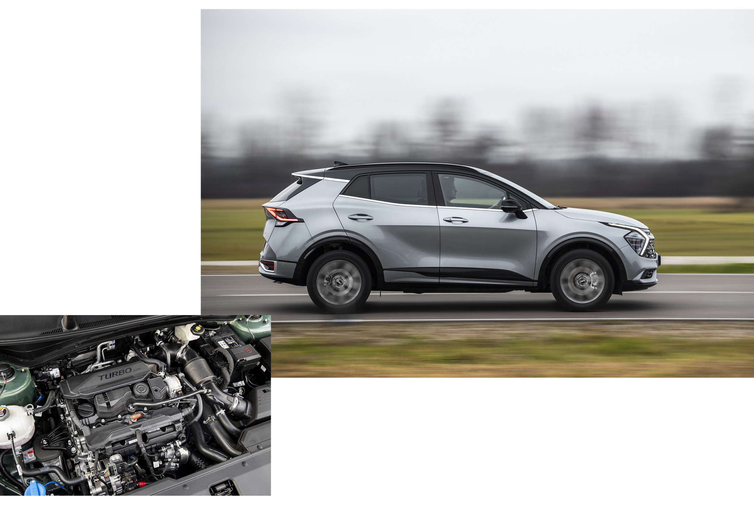 달리는 스포티지의 측면과 엔진룸