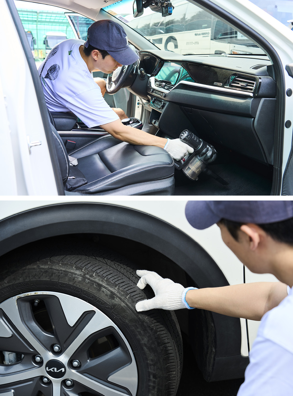 A man is examining a tire