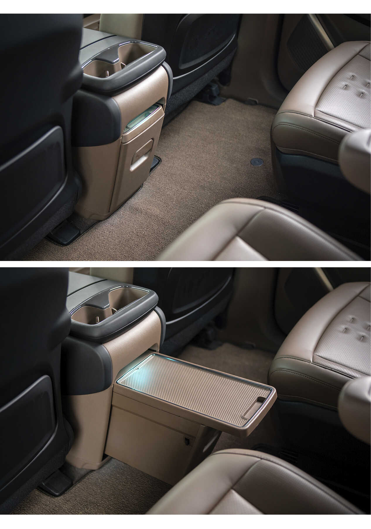 센터콘솔 트레이가 수납됐다가 펼쳐진 모습