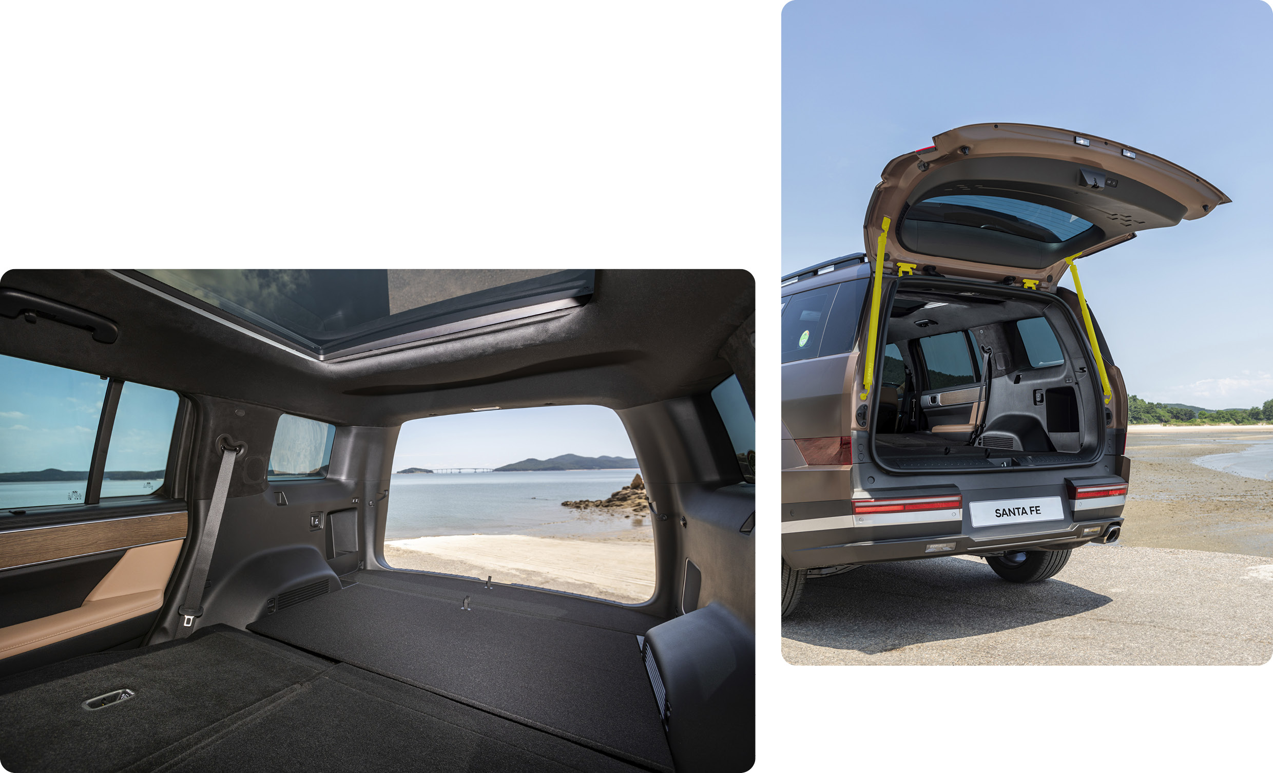 현대자동차 디 올 뉴 싼타페의 뒷좌석 실내 공간과 테일게이트를 활짝 연 모습