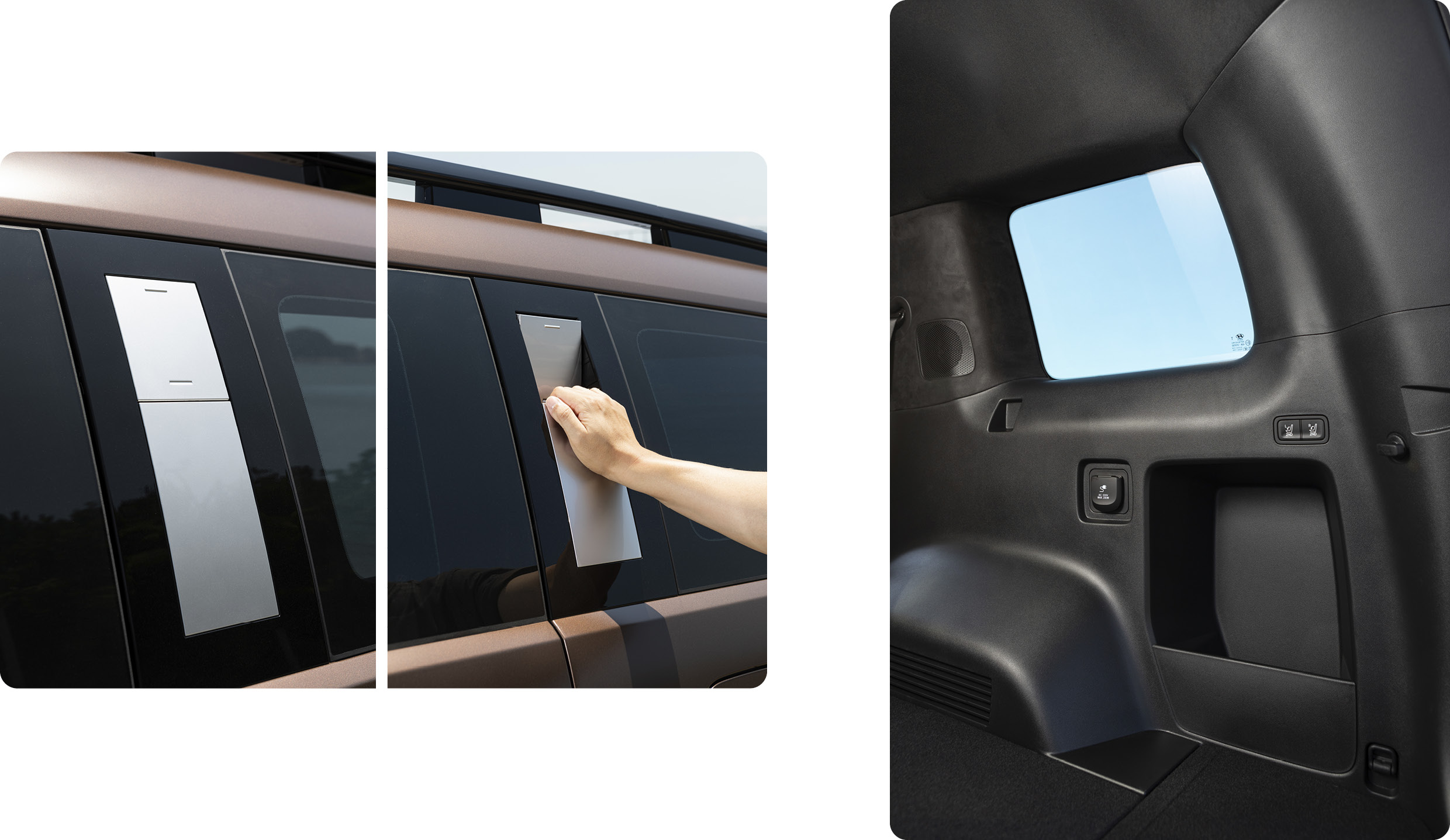 현대자동차 디 올 뉴 싼타페의 C필러에 장착된 히든 타입 어시스트 핸들과 널찍한 쿼터 글라스의 모습