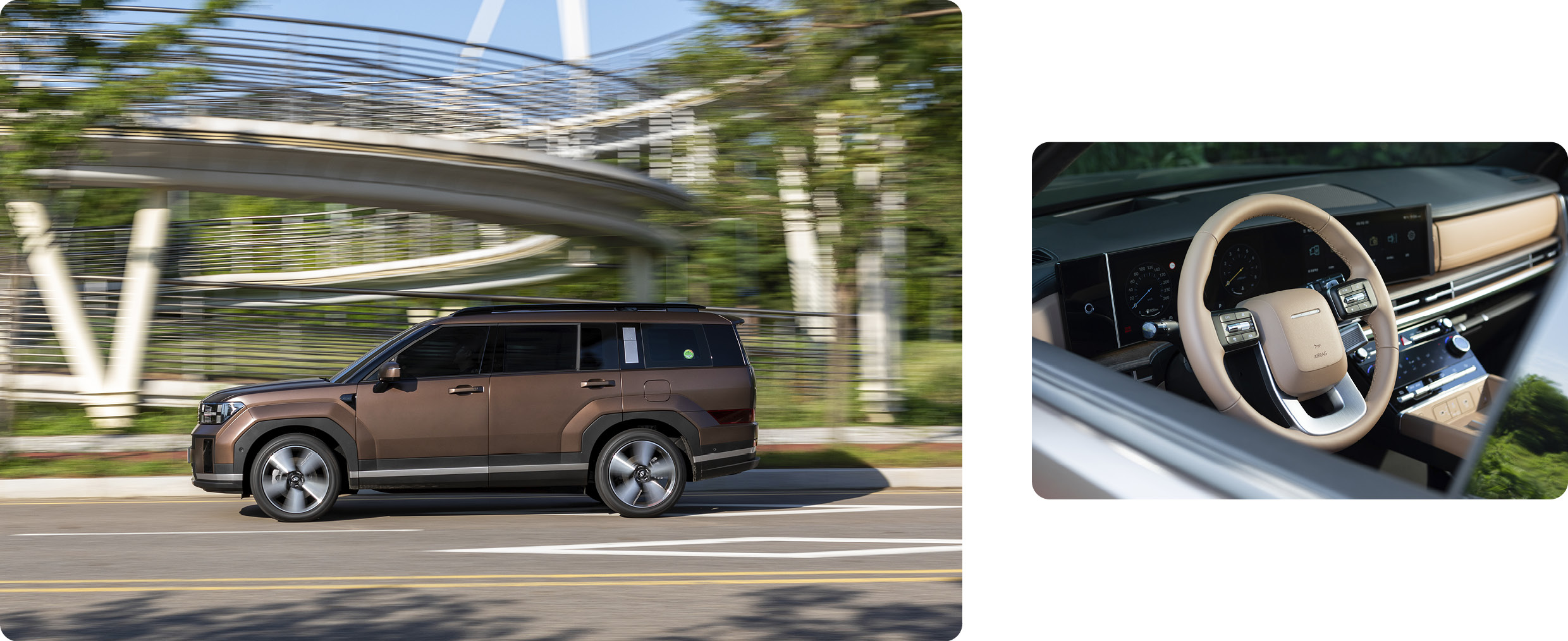 현대자동차 디 올 뉴 싼타페의 주행 모습과 스티어링 휠의 모습