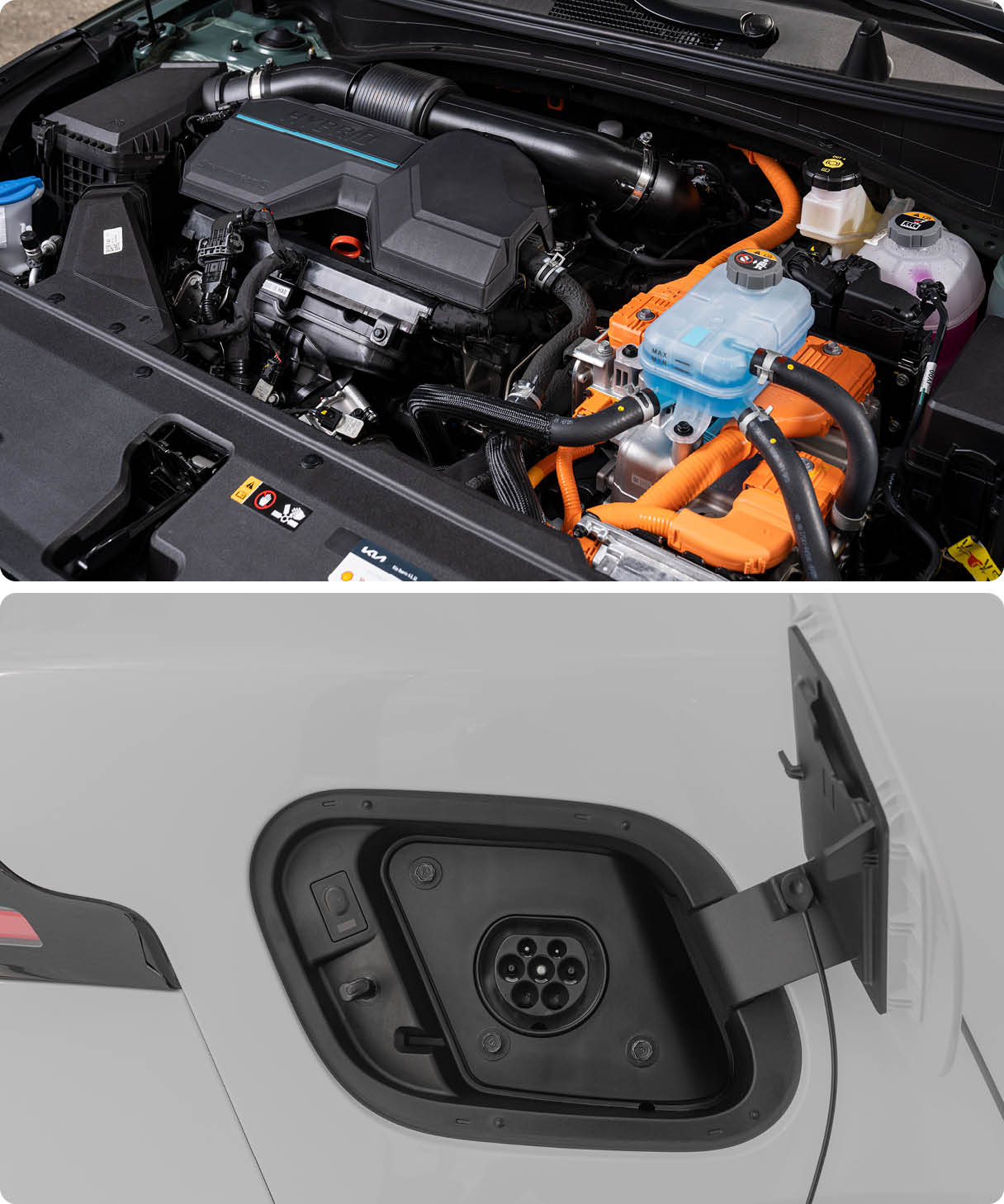 스포티지 플러그인 하이브리드 엔진과 충전 커넥터를 비춘 모습