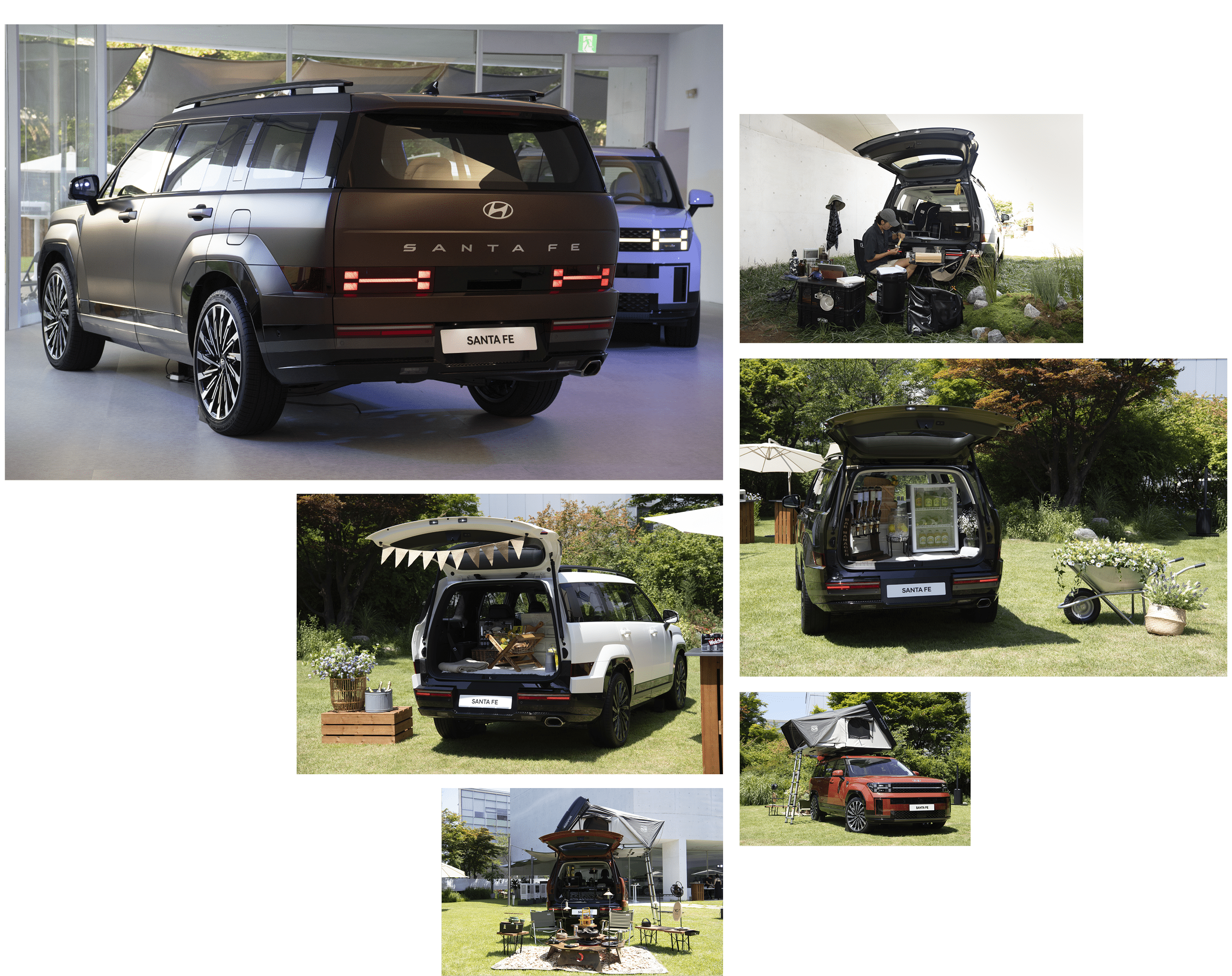 Various outdoor lifestyle concepts of The All New Santa Fe displayed in the yard