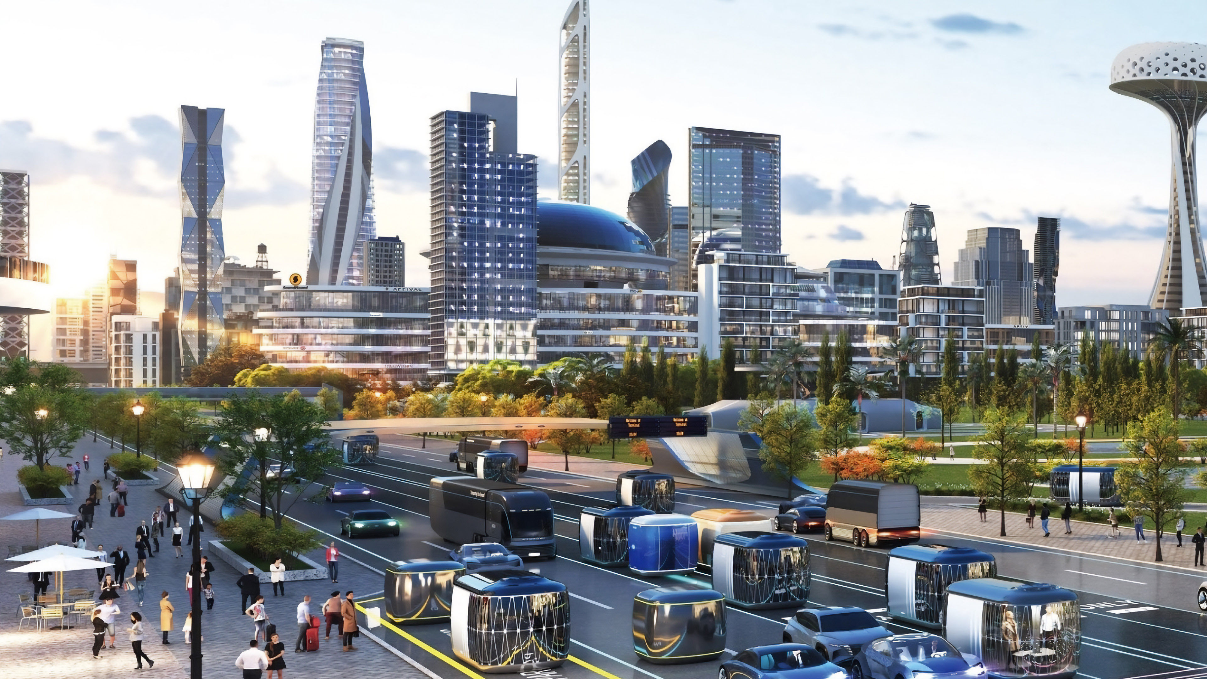 미래 모빌리티들이 서 있는 가상 도시의 모습