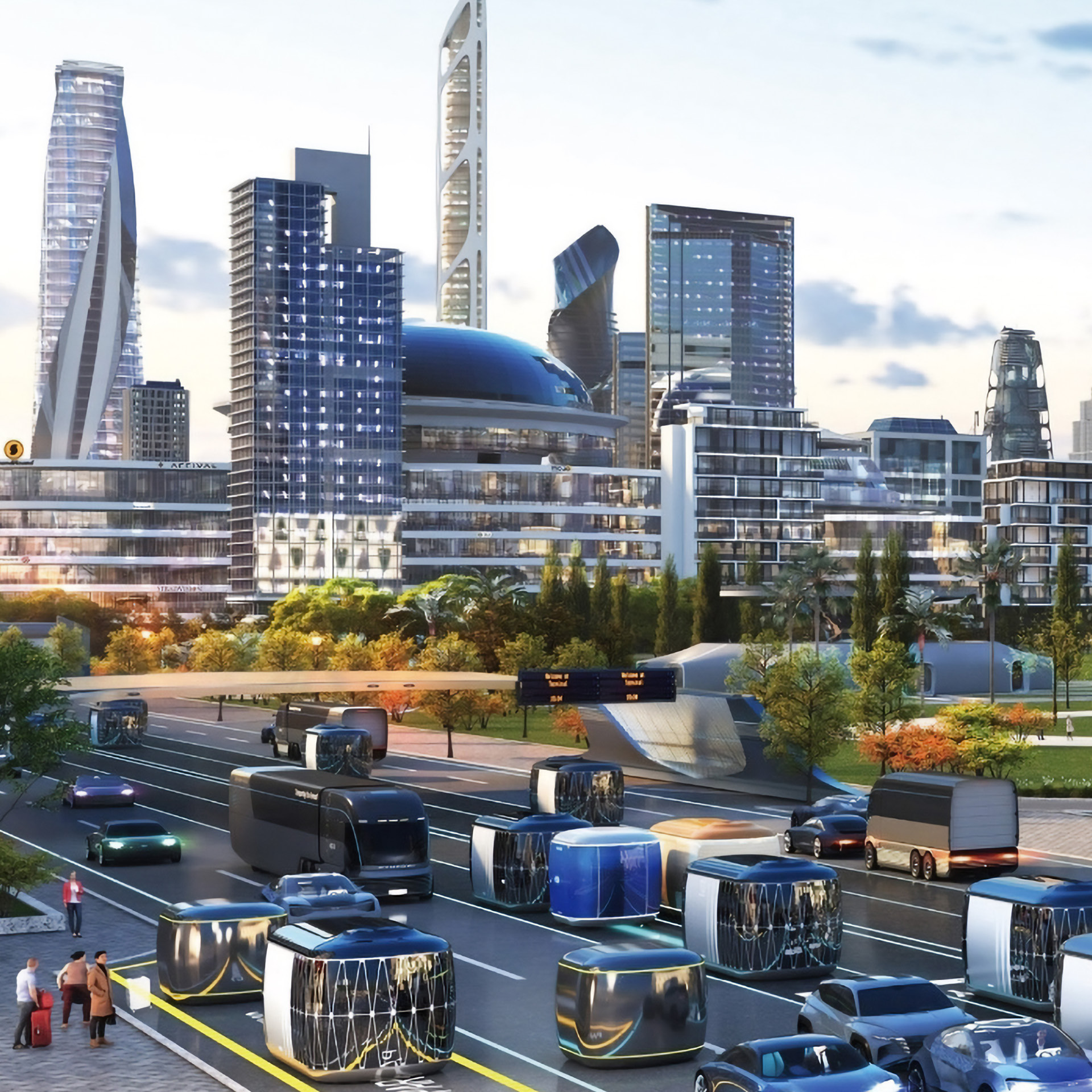 미래 모빌리티들이 서 있는 가상 도시의 모습