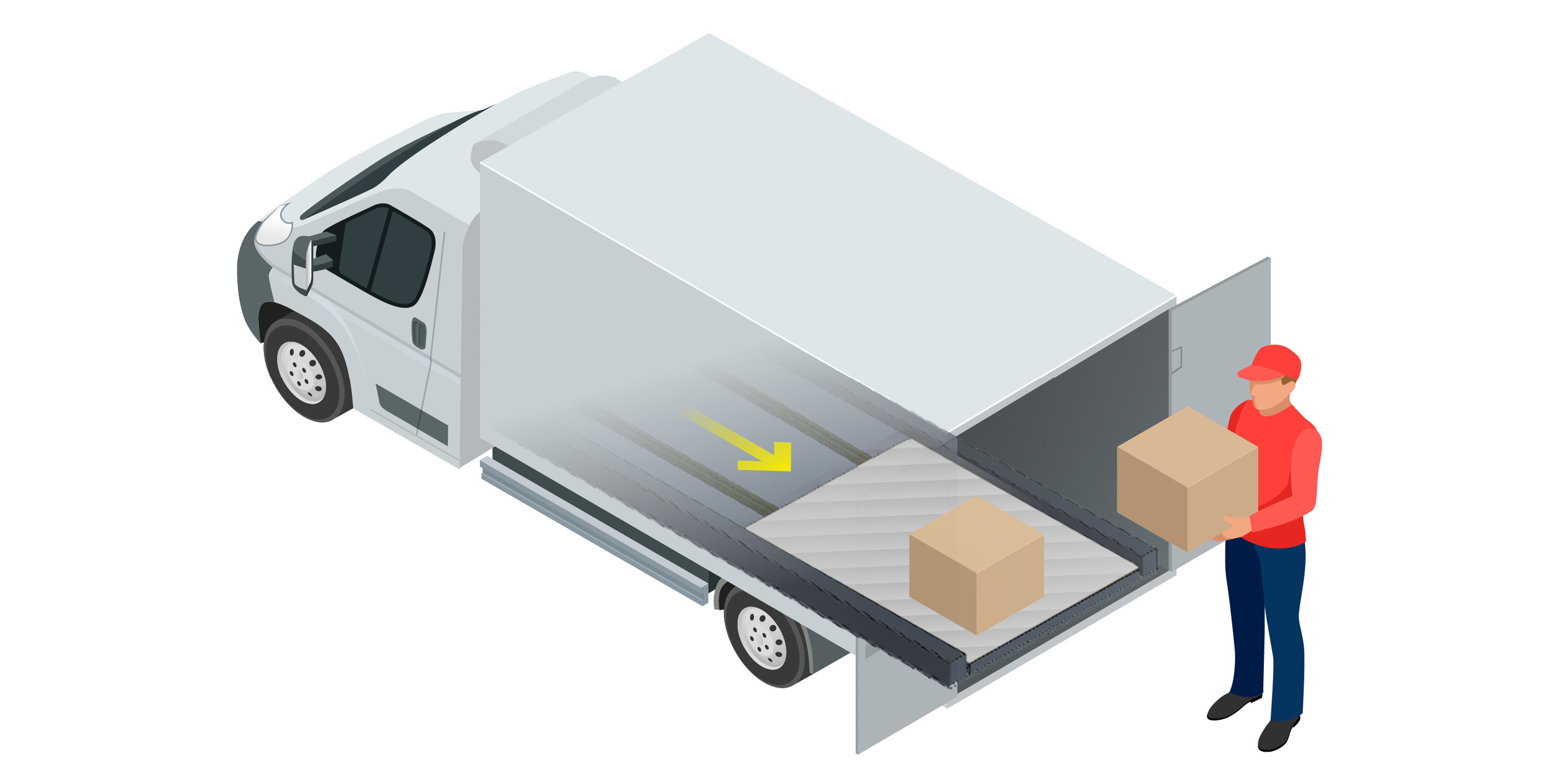 딜리버리용 적재 모듈의 슬라이드 팔레트 기능을 설명하는 그래픽