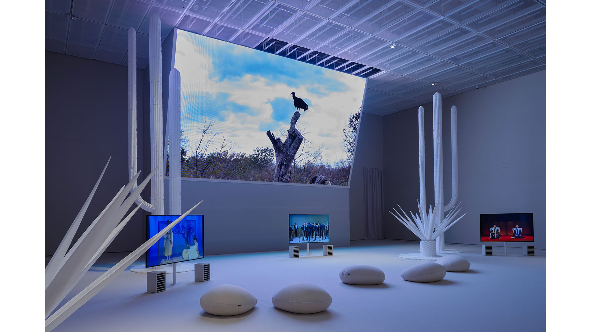 Jung Yeondoo, One Hundred Years of Travels, 2023, video installation, four-channel HD digital video, color, sound, mixed media, 48 min., dimension variable. Installation view. Courtesy of artist. Photograph by sonongji.