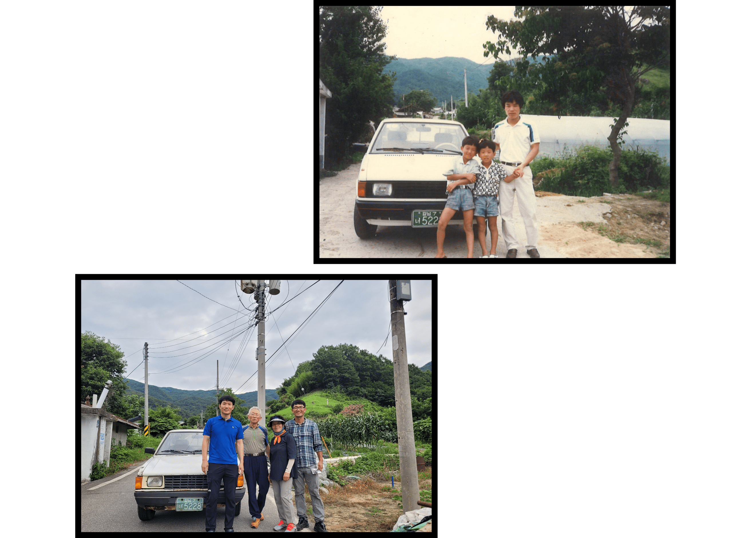 A family recreating a scene from an old photo