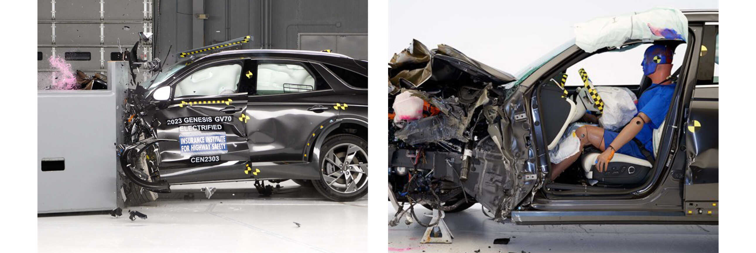 제네시스 GV70 전동화 모델이 스몰오버랩 충돌로 찌그러진 모습