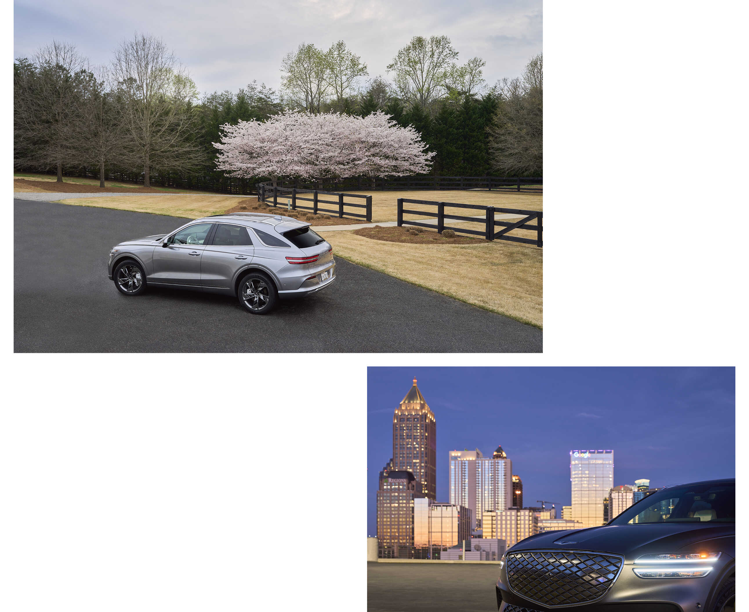 제네시스 GV70 전동화 모델의 후측면 모습과 전면부 모습