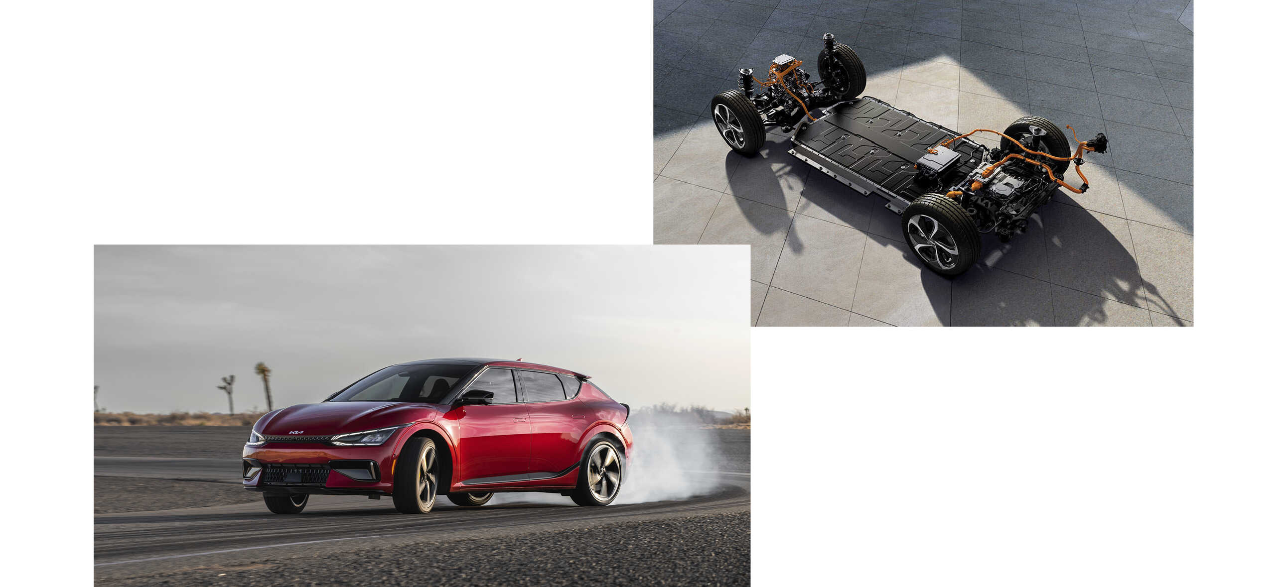 기아 EV6 GT의 주행 모습과 현대자동차그룹 전기차 전용 플랫폼 E-GMP의 모습