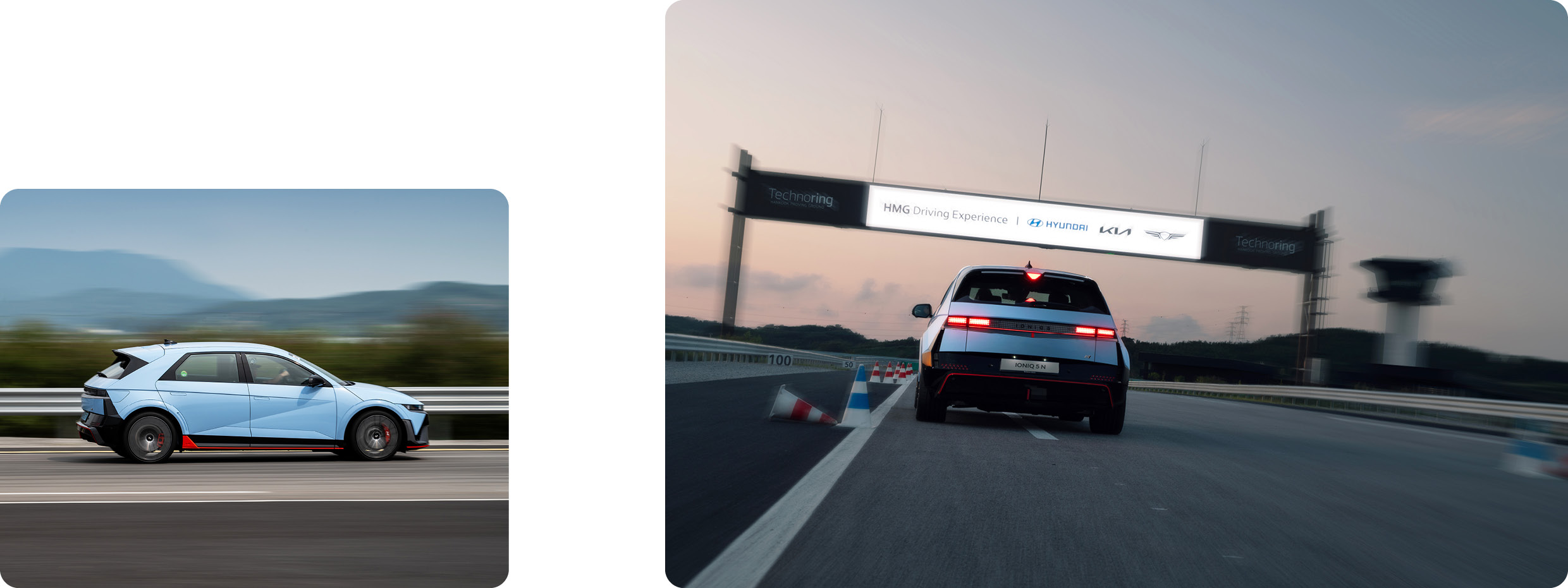 Side and rear view of IONIQ 5 N driving dynamically on the track