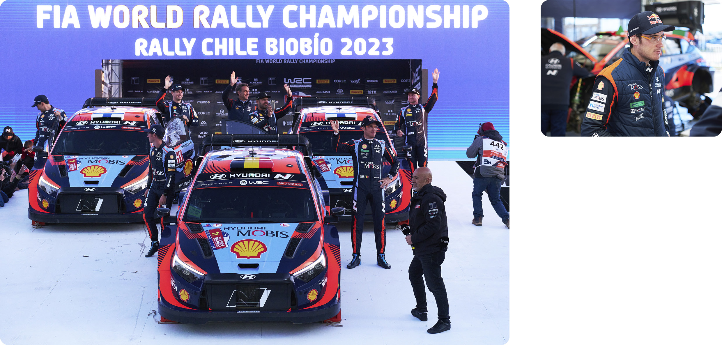 Hyundai drivers competing in the Chile Rally