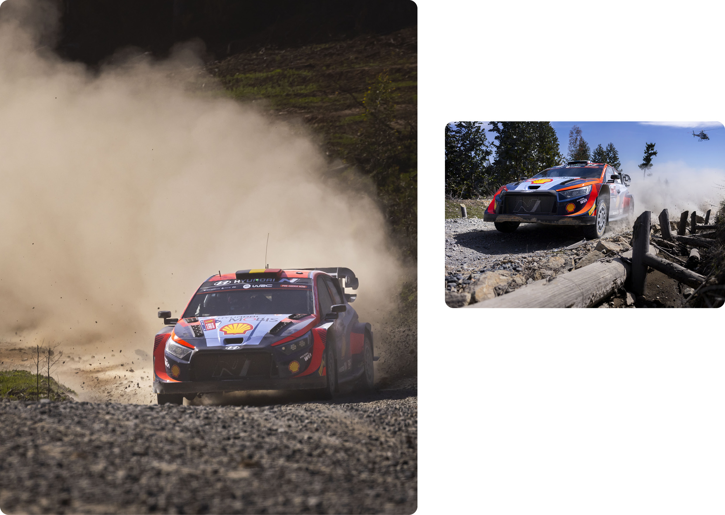 A Hyundai rally car is racing down a rough road.