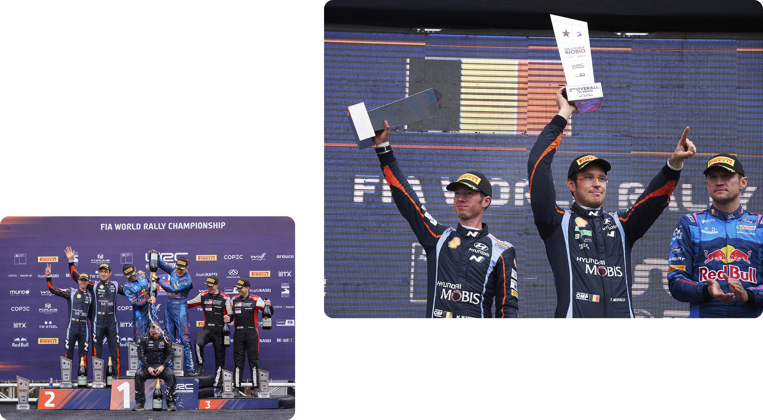 Rally drivers are posing in front of the camera on the podium.