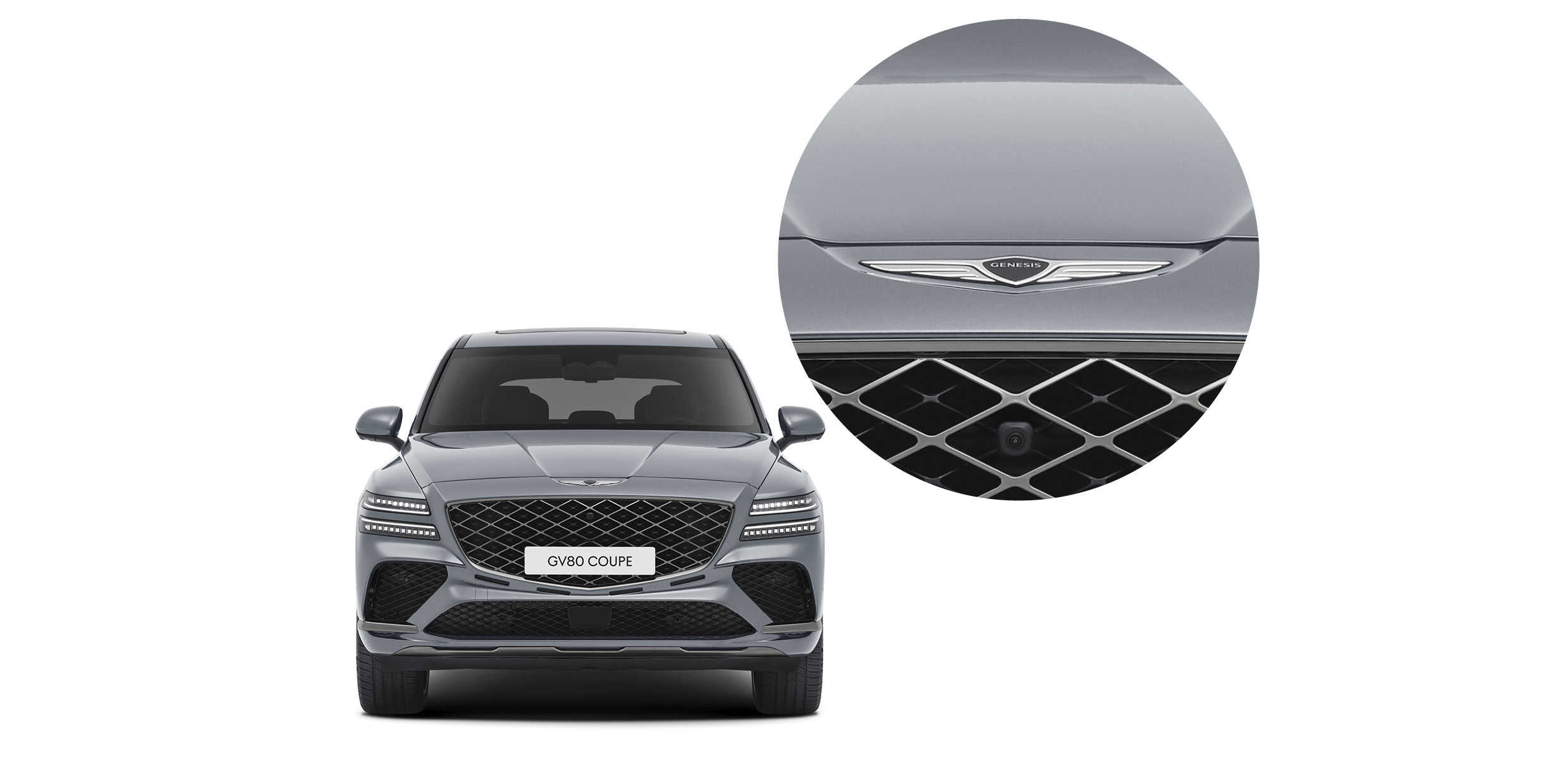 GV80 전면부와 엠블럼을 클로즈업한 모습