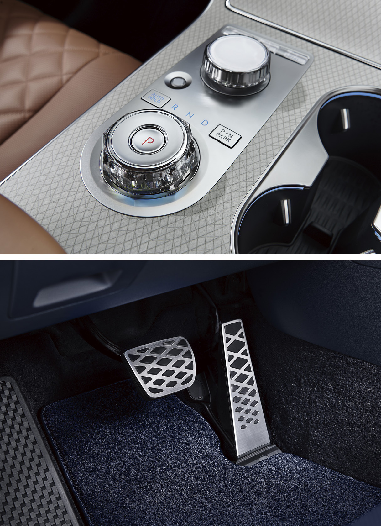 GV80 전자식 변속 다이얼, 가속 페달 및 브레이크 페달을 가까이 비춘 모습