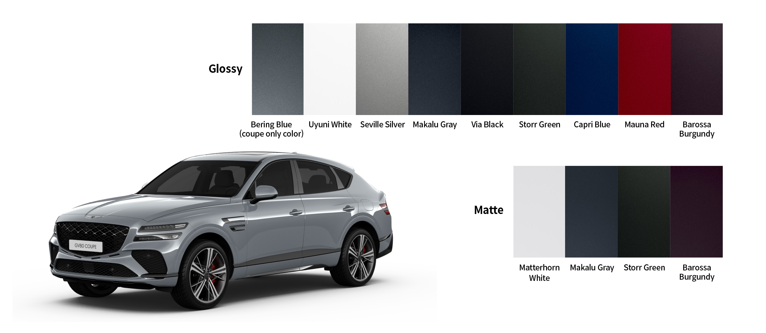 Infographic showing the exterior color chart of the Genesis GV80 Coupe