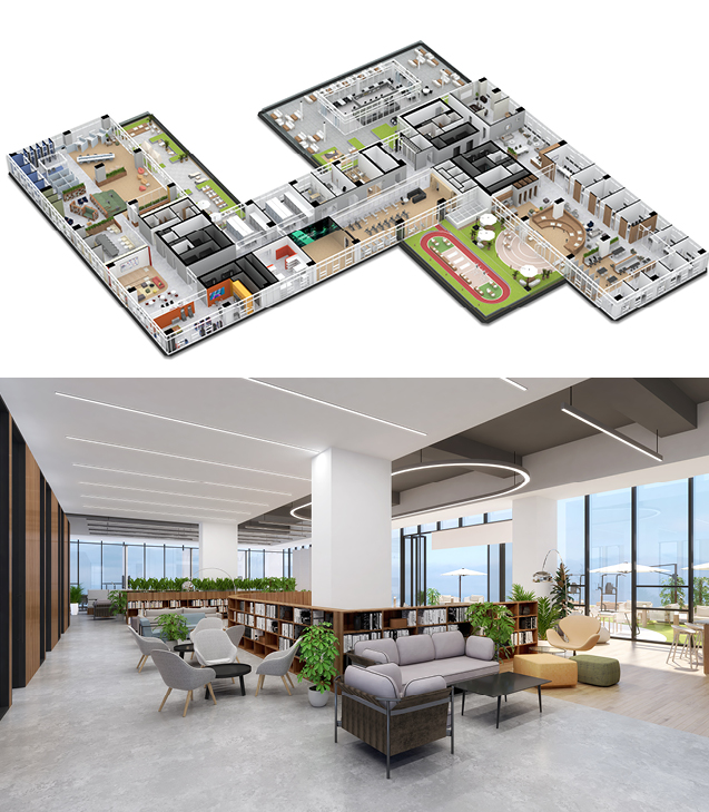 (상) 현대테라타워 은평 커뮤니티 구조, (하) 실내 커뮤니티 공간 실내투시도
