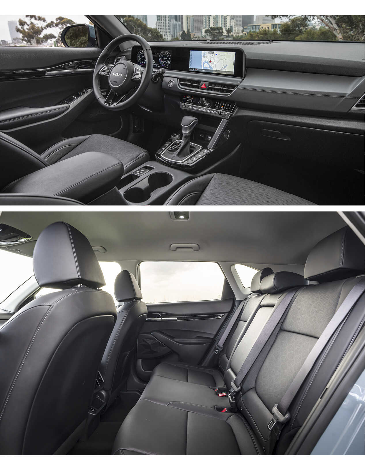 기아 셀토스 대시보드 전경과 2열 실내를 측면에서 바라 본 모습