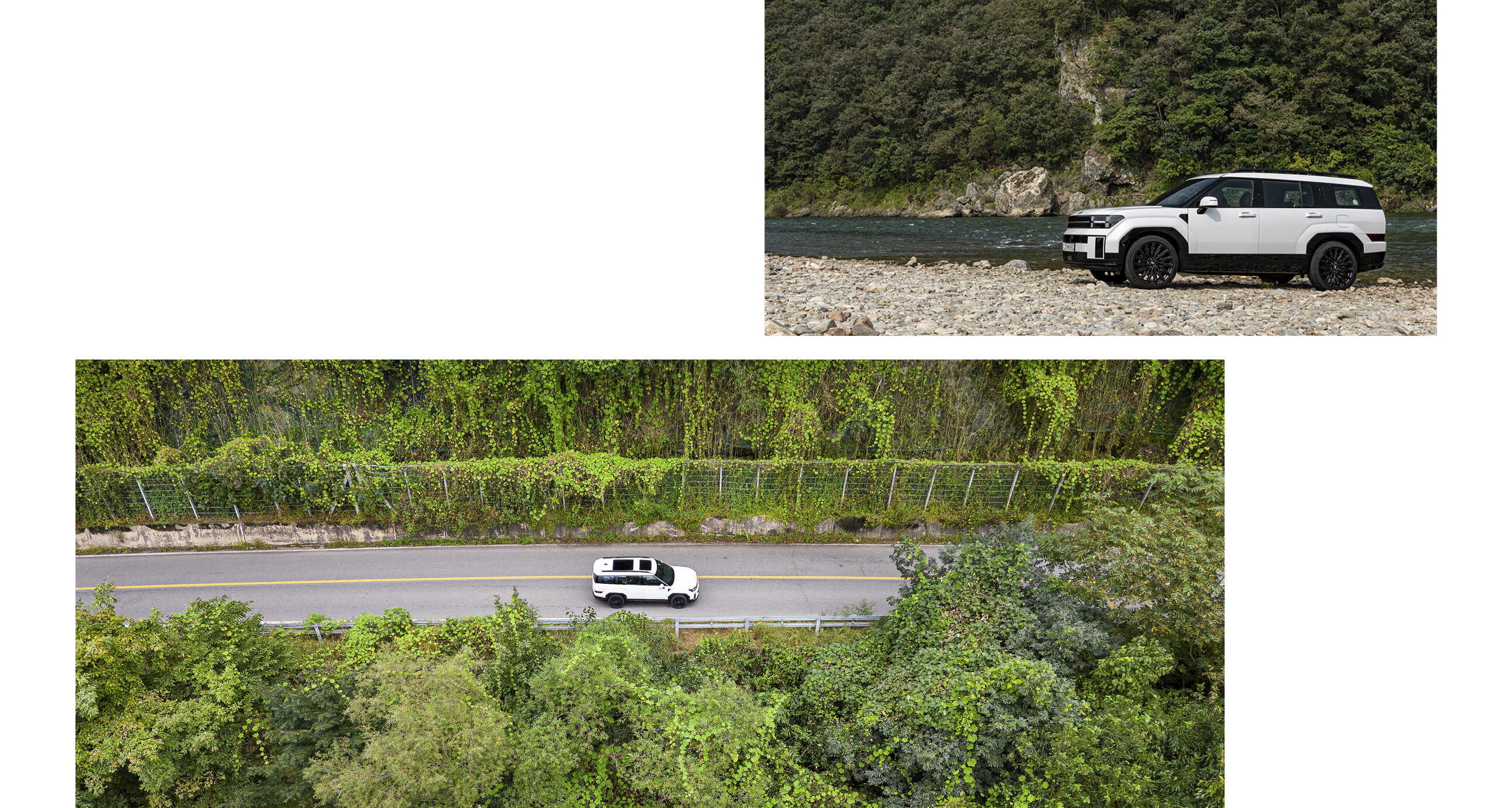 주행중인 디 올 뉴 싼타페를 드론으로 찍은 이미지