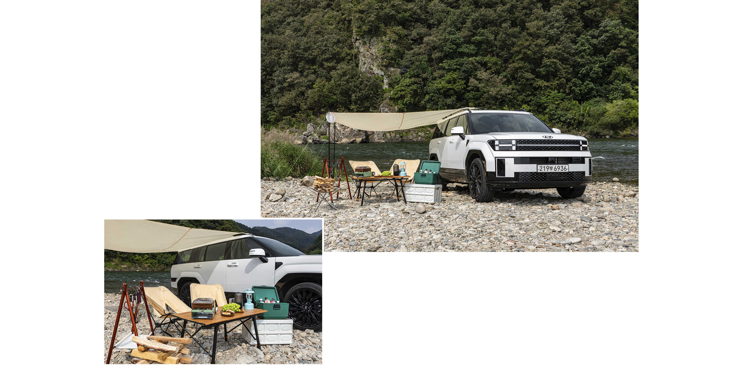 디 올 뉴 싼타페에 그늘막을 연결하고 캠핑 용품을 설치한 모습