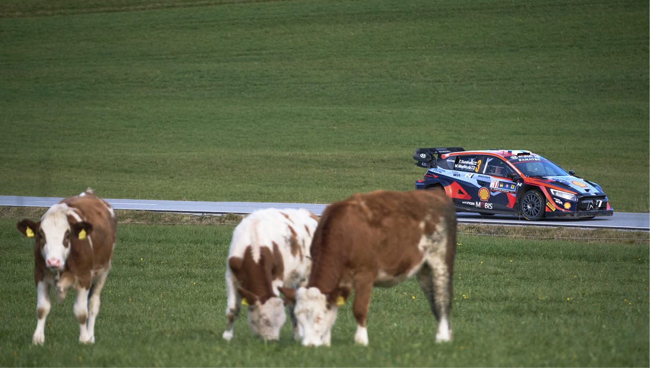 A rally car running on the road
