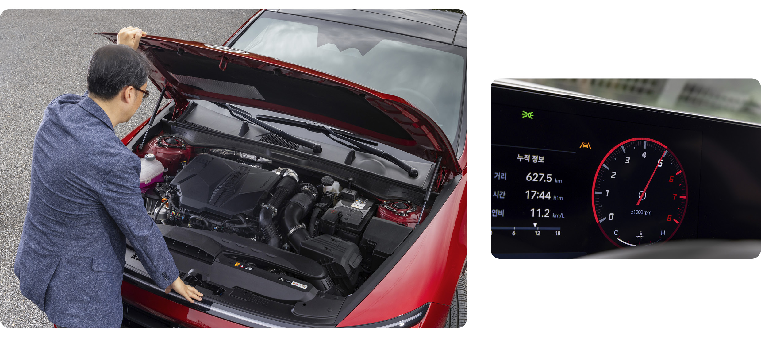 쏘나타 엔진룸을 열어보는 남성과 클러스터를 비춘 모습