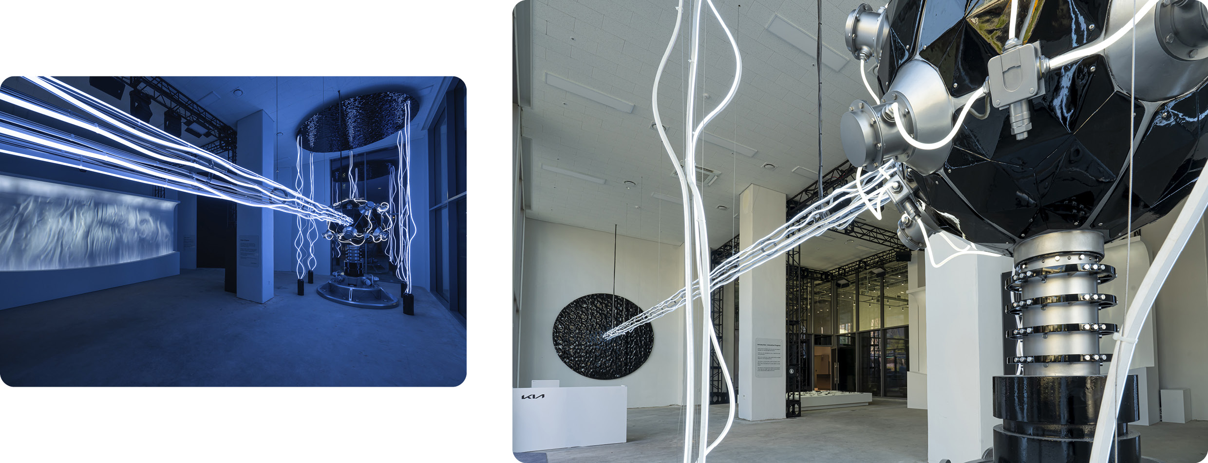 강렬한 에너지를 형상화한 설치 미술품이 건물 내부에 전시된 모습