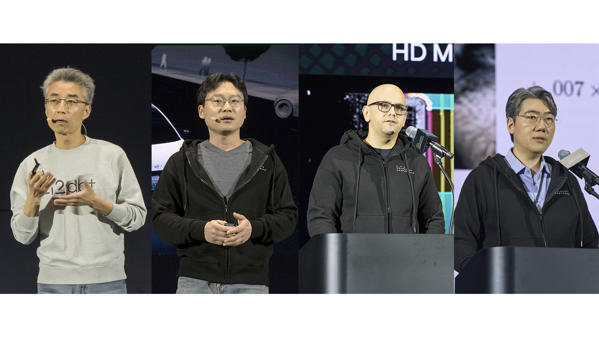 주요 연사자(왼쪽부터 송창현 사장, 유지한 전무, 마이클 세비딕 엔지니어링 부사장, 이상근 교수)가 발표하는 모습