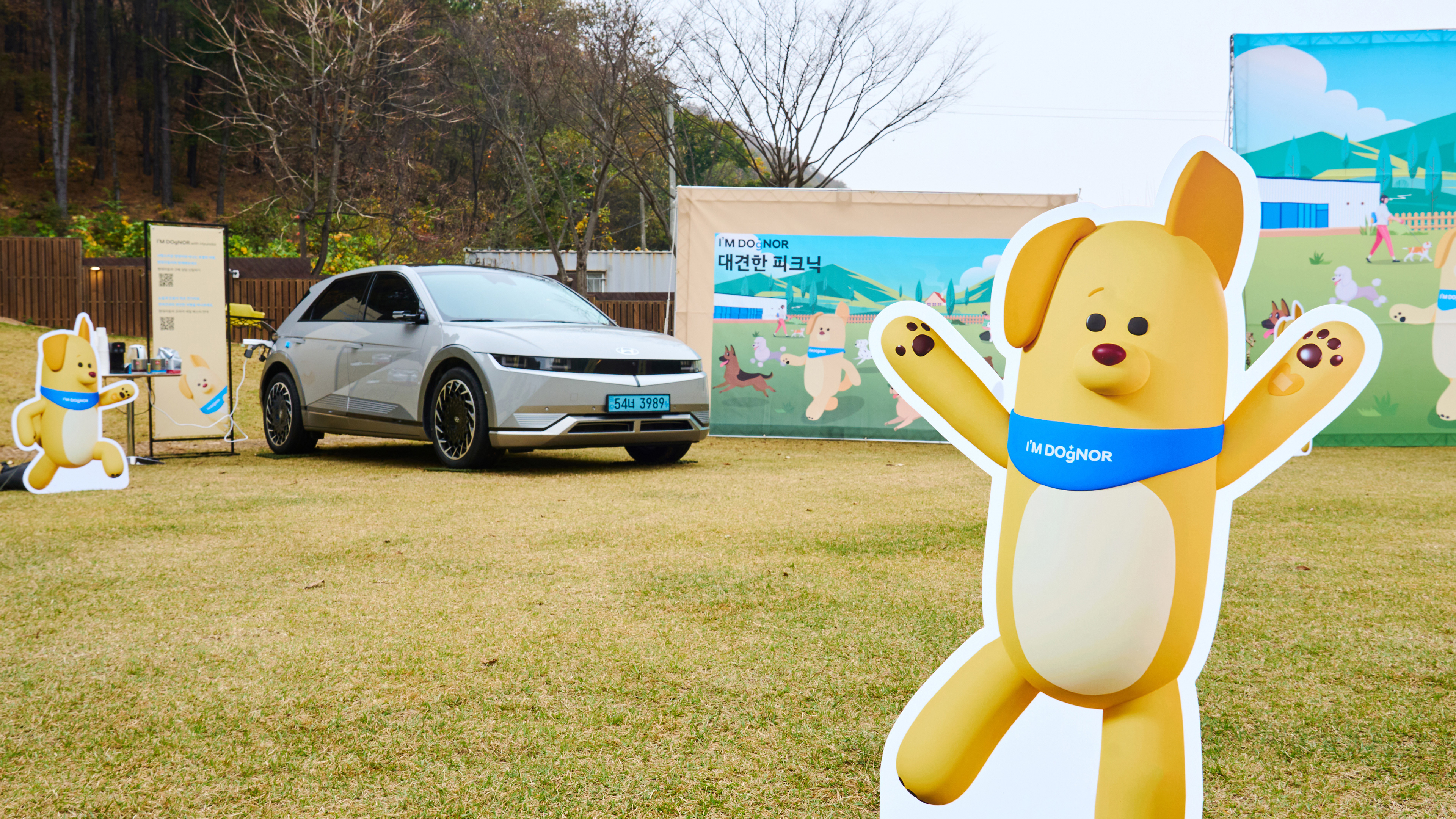 아임도그너 패널이 세워진 잔디 밭