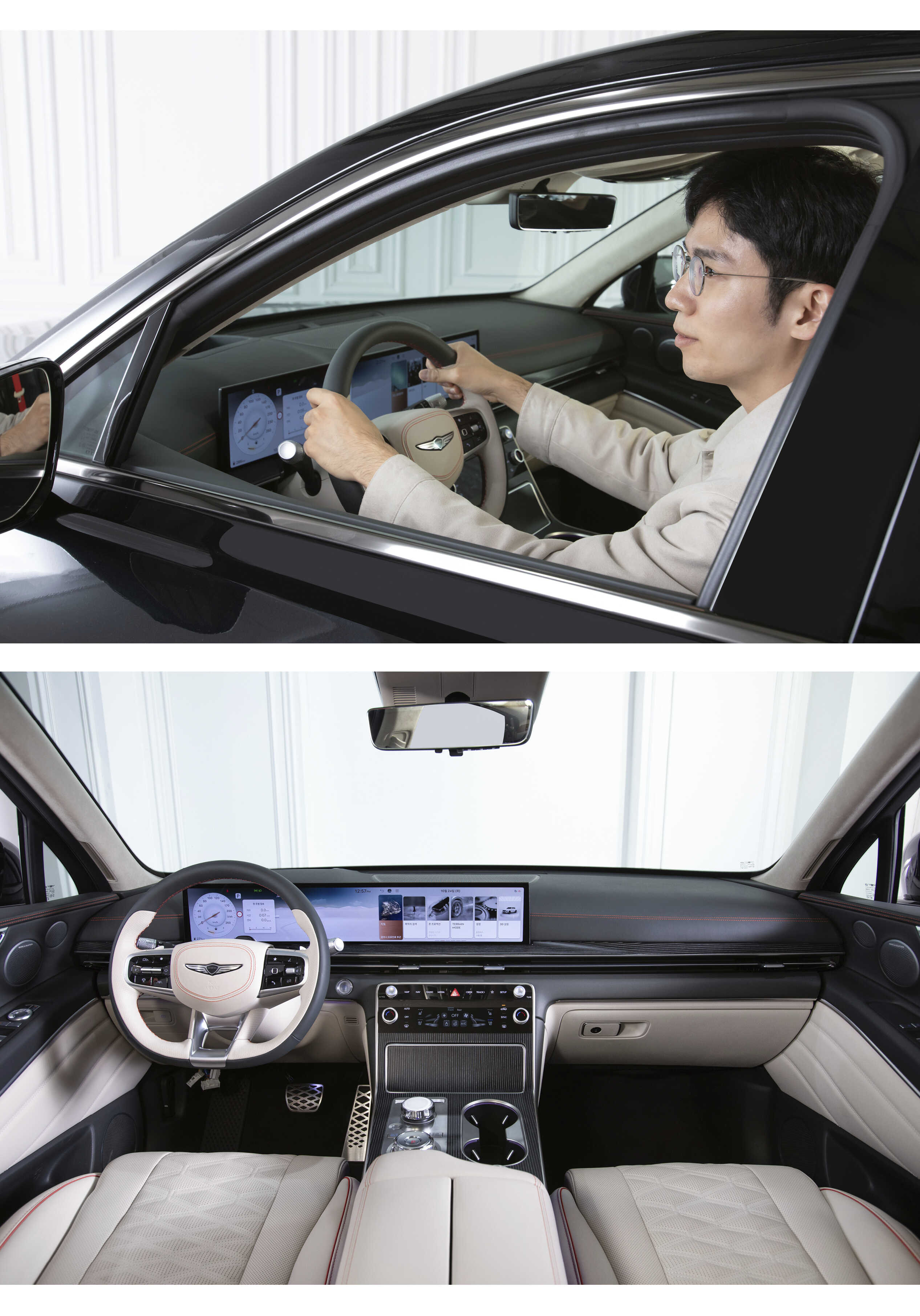 Researcher Jaemin Park explaining the interior design of the new Genesis GV80 while holding the steering wheel, and the interior of the GV80 Coupe
