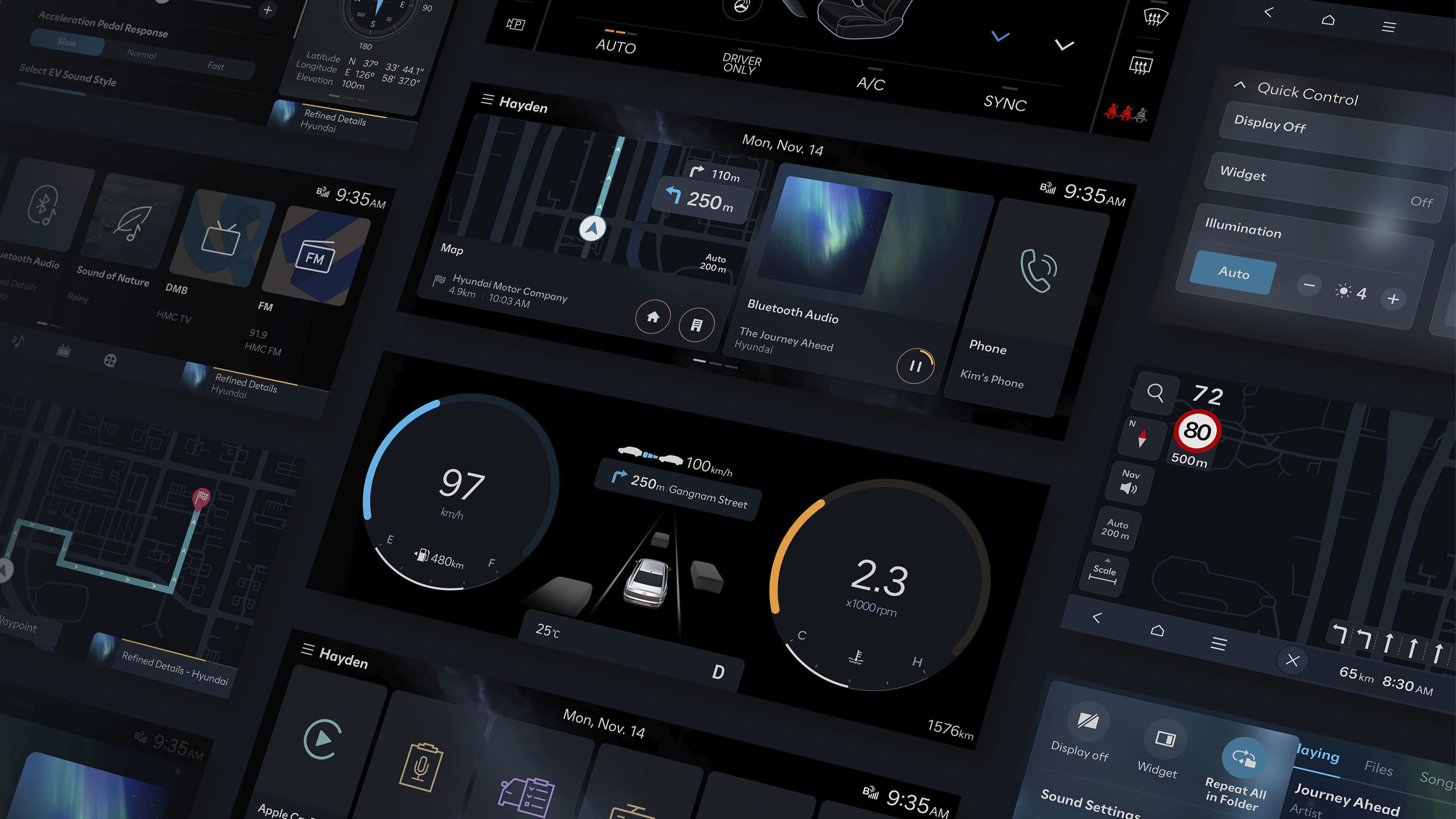 기아 EV9를 통해 소개된 기아 EV 인포테인먼트 시스템의 GUI를 보여주는 인포그래픽 이미지
