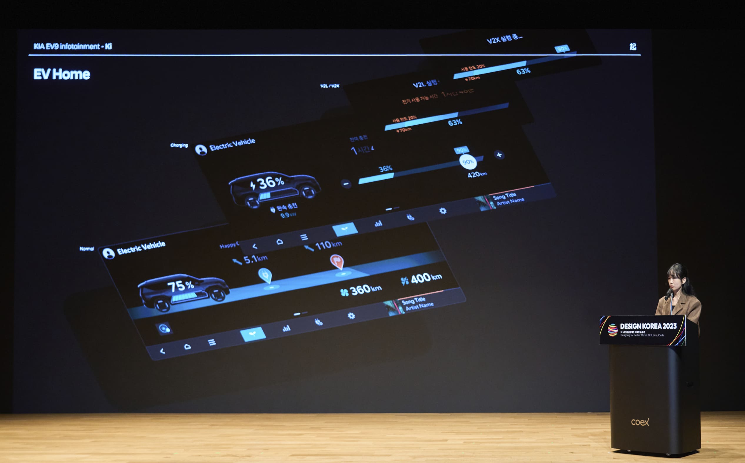 기아 EV9의 인포테인먼트 시스템 기의 특성을 설명하고 있는 연구원