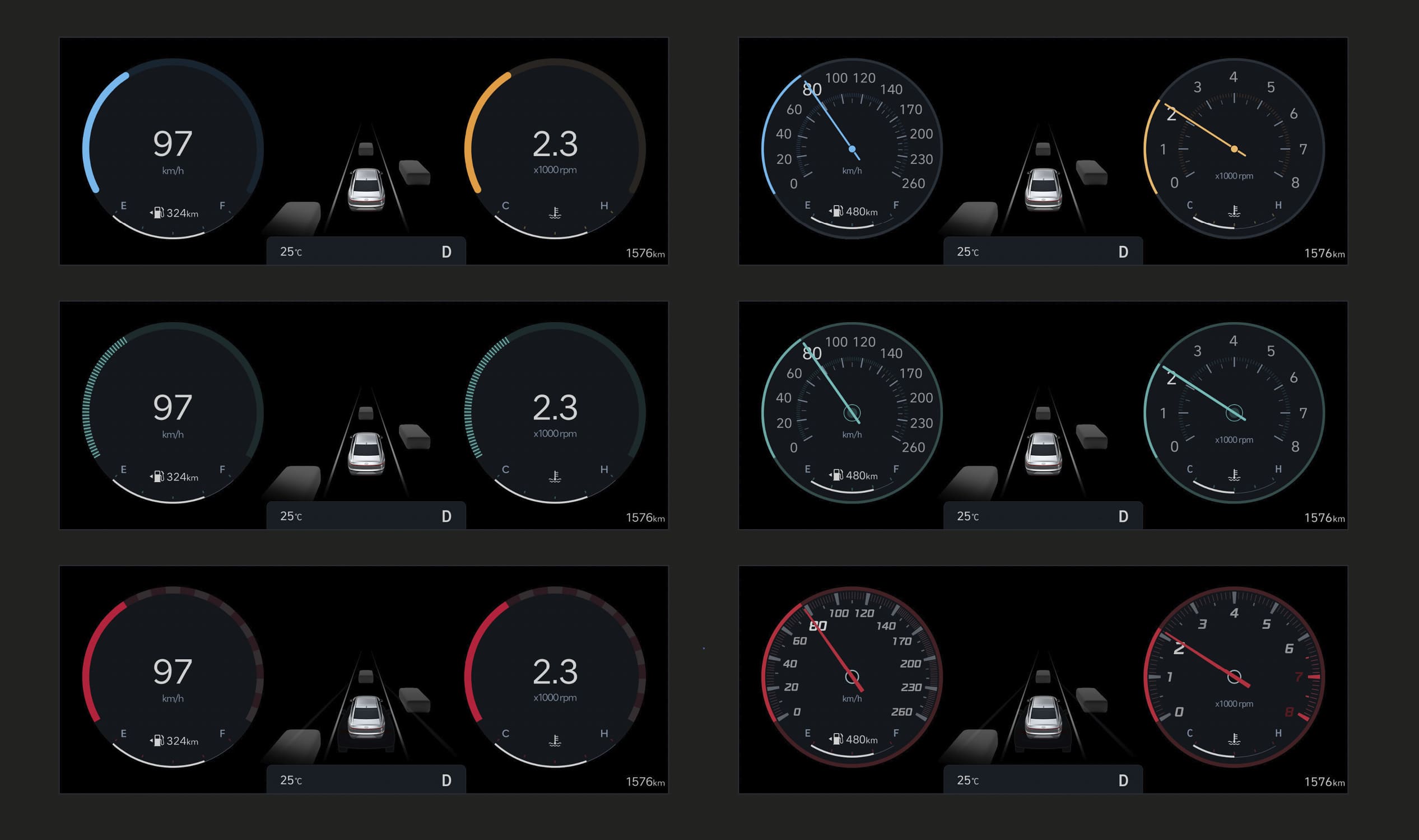 현대자동차의 ccNC의 모드 별 계기판 테마를 보여주는 인포그래픽