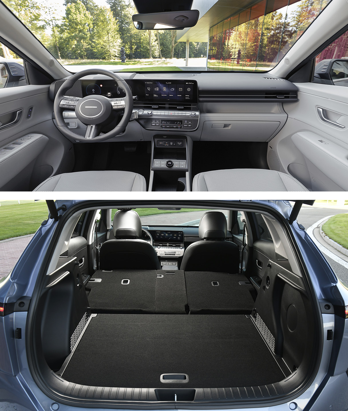 현대자동차 코나 일렉트릭의 앞좌석과 트렁크 공간의 모습