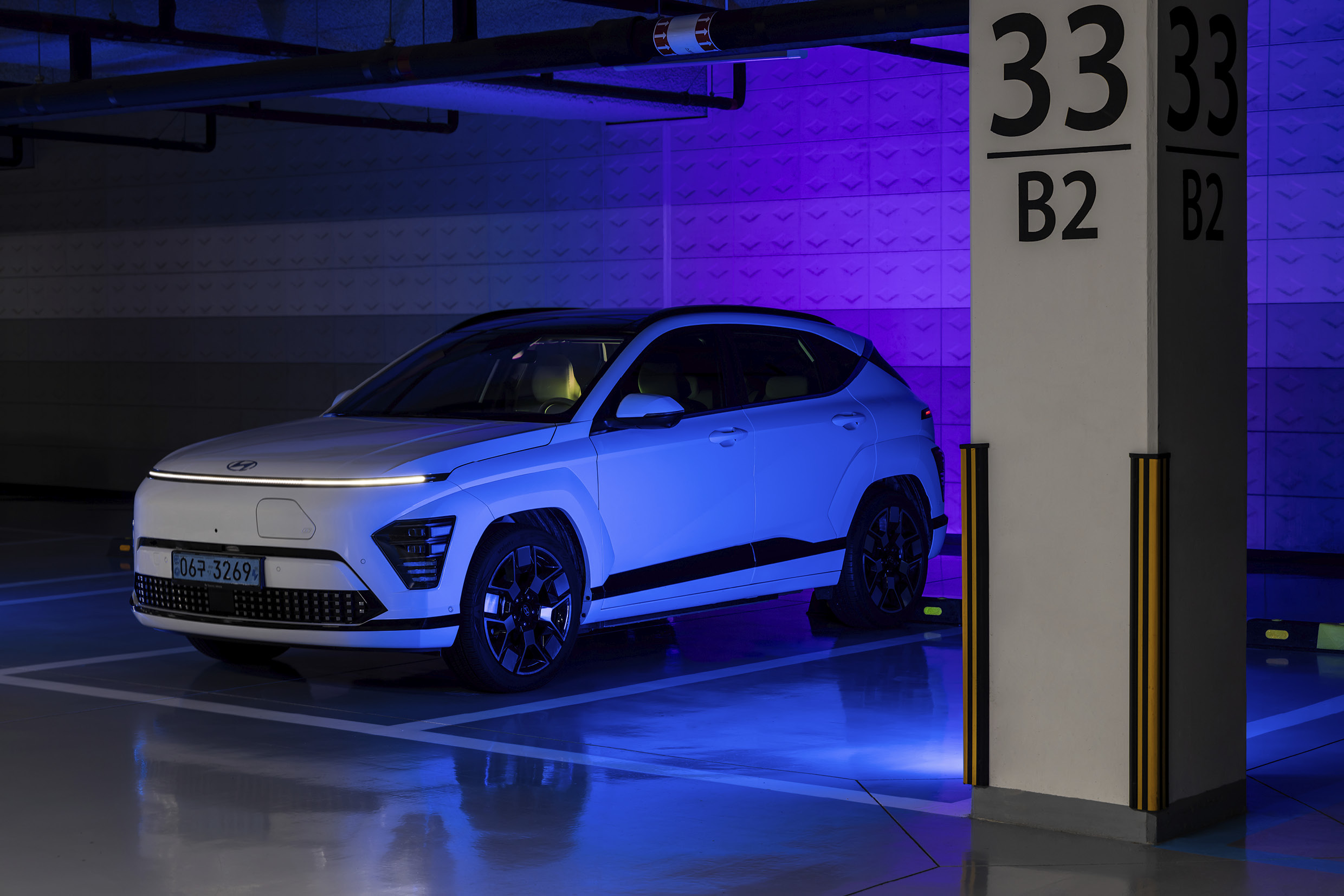 Kona Electric parked in the underground parking lot