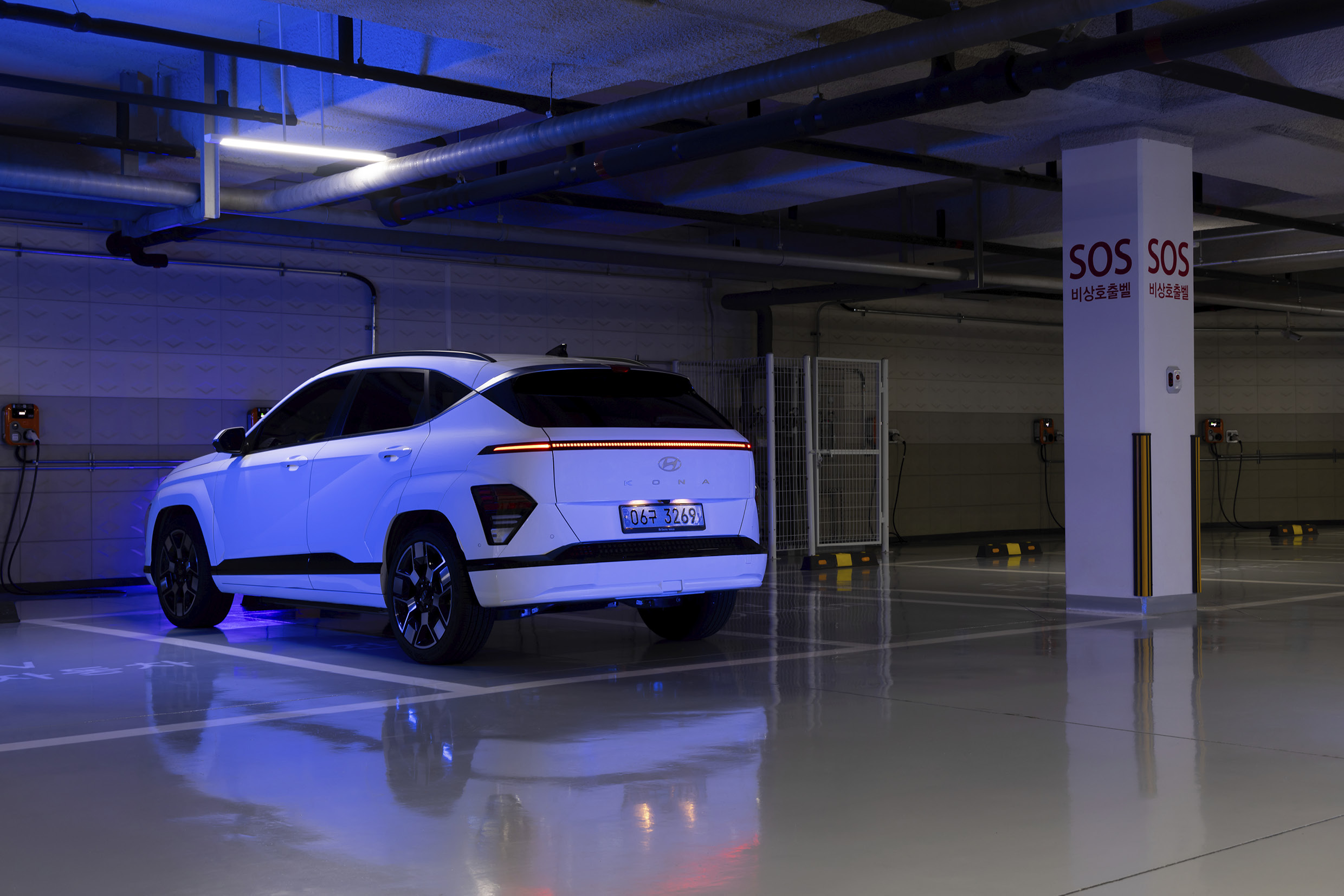 Kona Electric parked in the underground parking lot