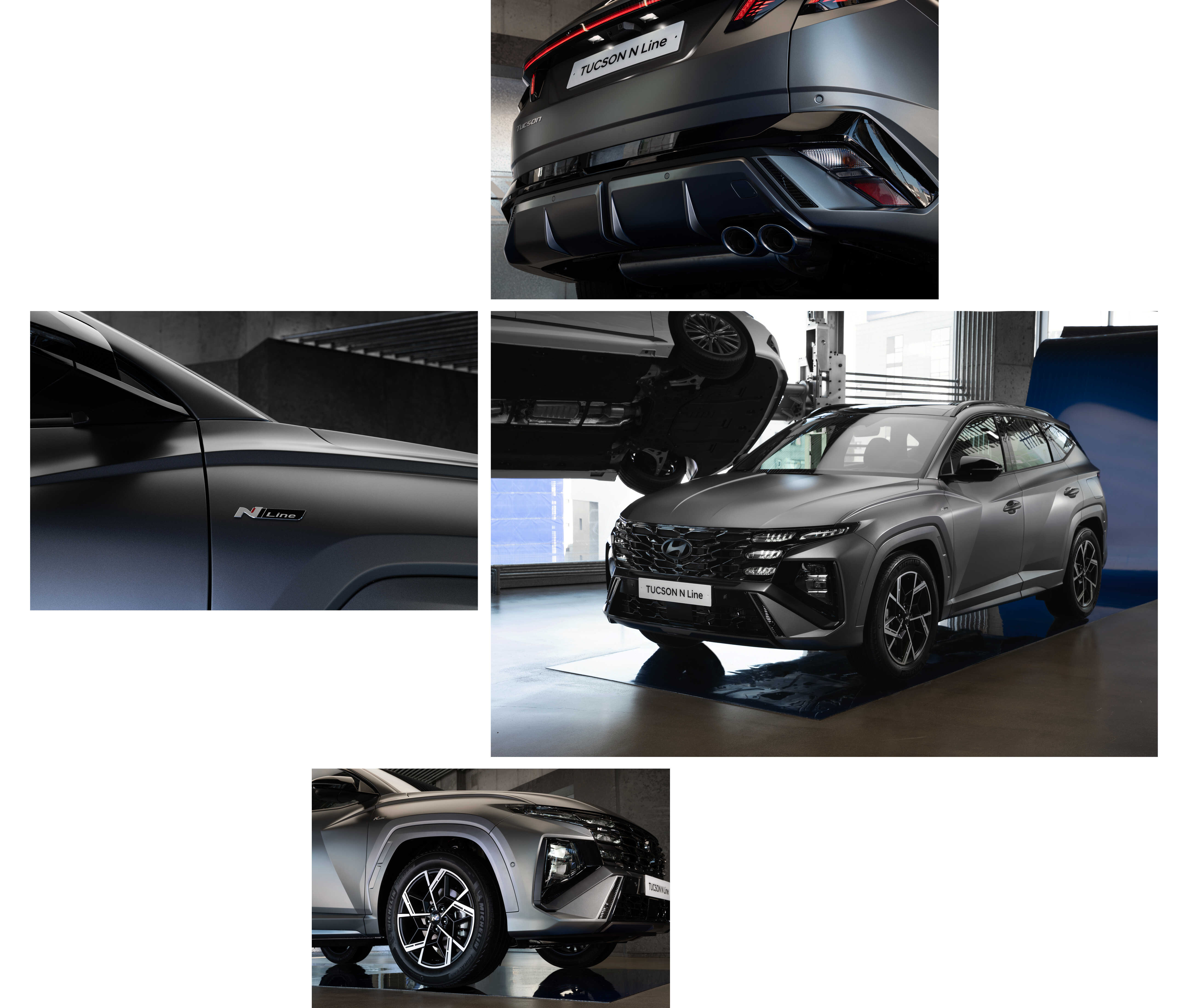 더 뉴 투싼 N 라인의 전측면 모습과 N 라인 전용 휠, 디퓨저, 배지