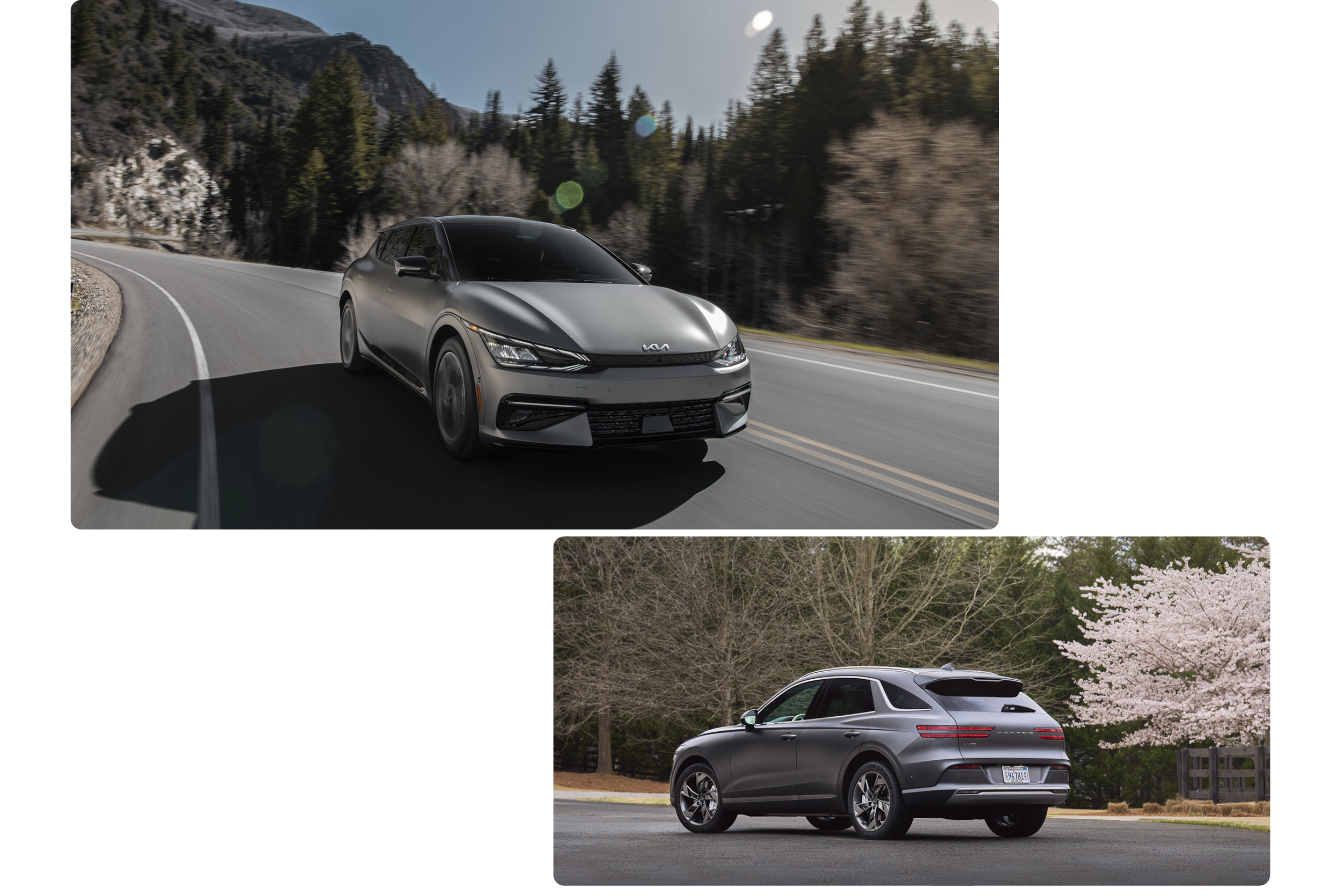 기아 EV6가 숲길을 주행하는 모습과 제네시스 GV70 전동화 모델이 벚꽃 나무 옆에 주차된 모습